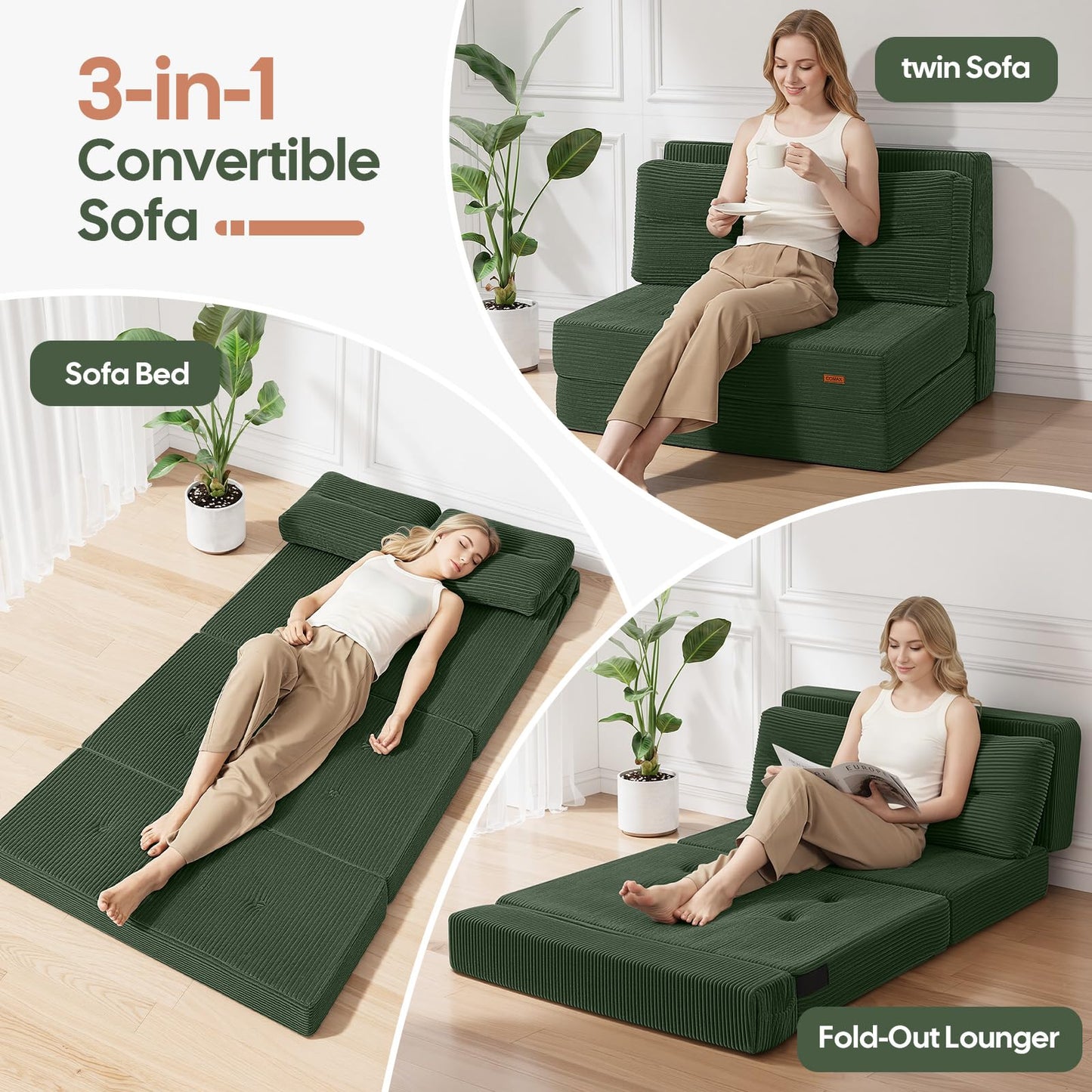 COMAX Folding Sofa Bed, Foldable Couch for Bedroom, Convertible Floor Sleeper Futon Chair Foam, Corduroy 3 in 1 Fold Out Chair Portable Comfy Lounge Couch Sofa Bed for Small Space, Twin, Green