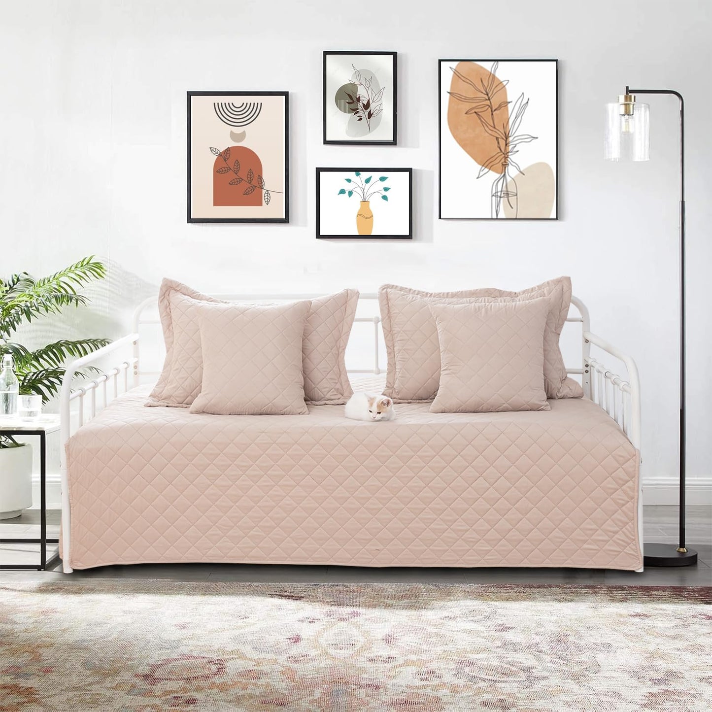 TieyaChkis 5 Piece Daybed Cover Set Twin Daybed Bedding Sets for All Season Lightweight Daybed Comforter with Matching Shams&Decorative Pillows, Double Sided-Quilting Day Bed Cover,39"x75",Beige