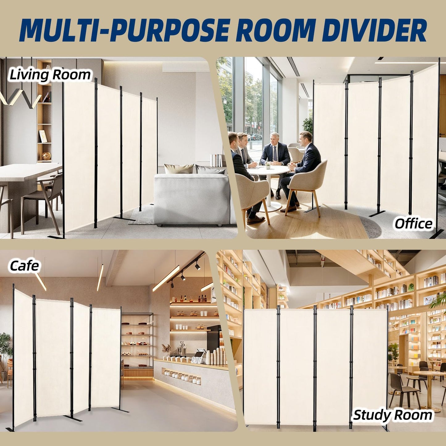 Room Divider and Folding Privacy Screens, 4 Panel 88in Wide Room Divider Wall Screen for Room Separtition, Partition Room Dividers Fabric Panel Wall Dividers for Office, Bedroom, Studio Dorm, Beige