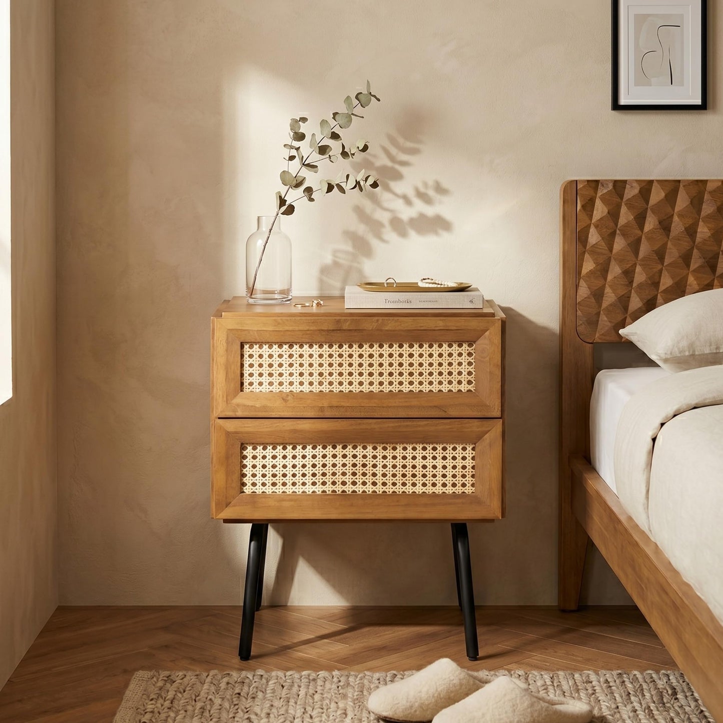 NTC Solid Oak Drawer Face Lulu Nightstand with Natural Rattan Drawer, Mid-Century Side Table for Bedroom, Bedside Furniture, End Table – Waterproof, Heat Resistant, Easy to Assemble, Teak Look