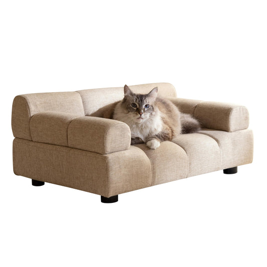 Paws & Purrs Puffer Pet Sofa Bed, Dog or Cat Couch with Tufted Cushion and Armrest, Stylish Indoor Pet Furniture, Sand