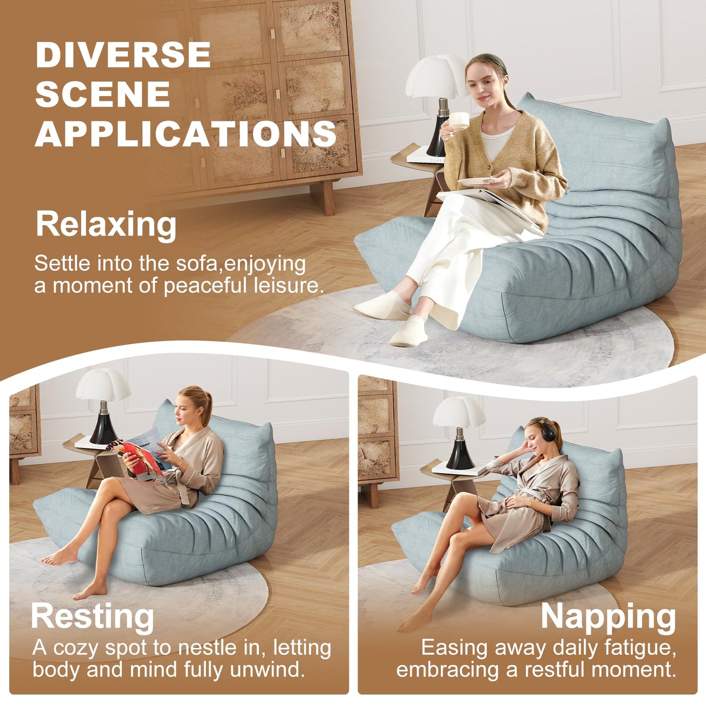 Bean Bag Chair for Adults, Bean Bag Sofa - Adult Size with Soft Waterproof Fabric for Living Room, Apartments, Reading Corner, Gaming, and Movie Venue (Mist Blue)