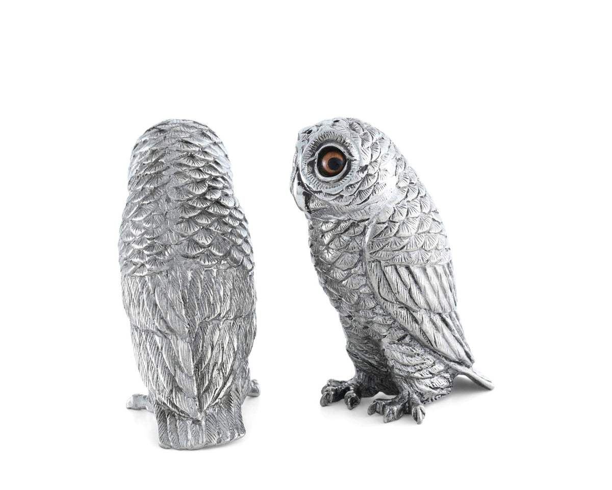 Vagabond House Pewter Metal Owl Salt and Pepper Shaker Set with Hand-Painted Eyes Thanksgiving Harvest Table 3.75 inch Tall