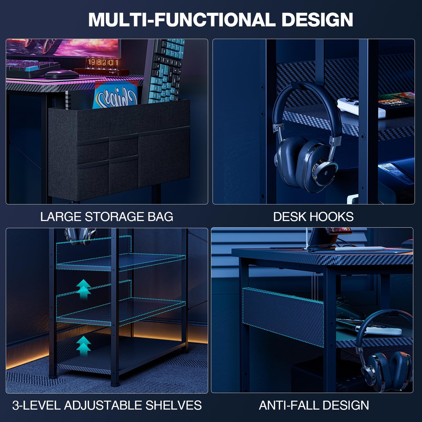 Acrolix L Shaped Gaming Desk 40 Inch - Computer Corner Desk with Power Outlets, Reversible Shelves & Storage Bag for Home Office, PC Gaming Table, Black Carbon