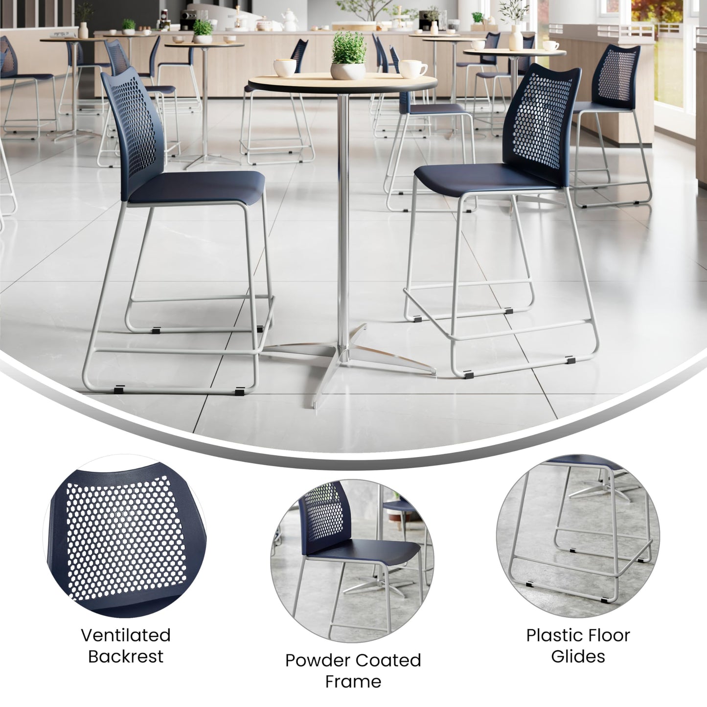 Flash Furniture Hercules Stacking Counter Height Stool with Vented Backrest and Gray Powder Coated Steel Sled Base with Integrated Footrest, Commercial Portable Stool, Set of 3, Navy