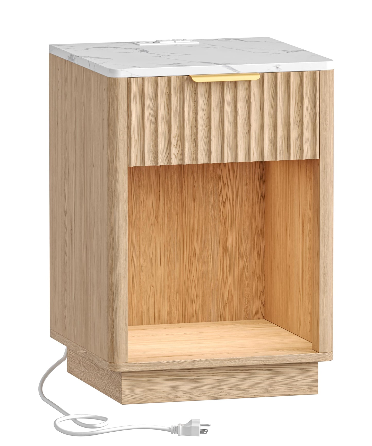 Akxomel Fluted Nightstand, Wooden Night Stand with Charging Station and LED Light, Modern Bedside Table with Drawer and Faux Marble Top, 15" D x 15.7" W x 22.6" H, for Bedroom, Natural Oak and White