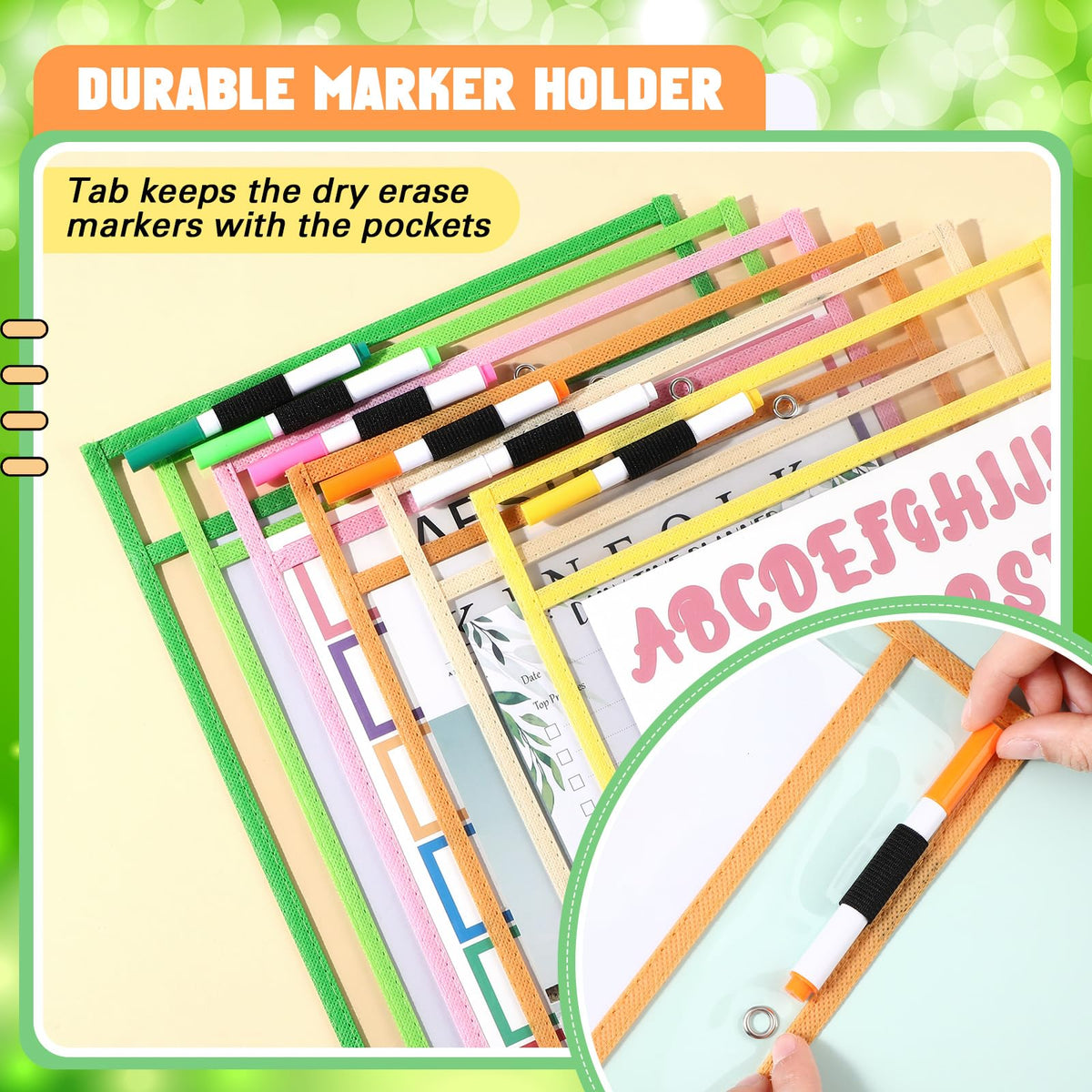Watersay 24 Pcs Dry Erase Pocket Reusable Sleeves 10" x 14" Clear Plastic Sheet Protectors with Markers and Mini Dry Erasers for Paper(Modern Boho)