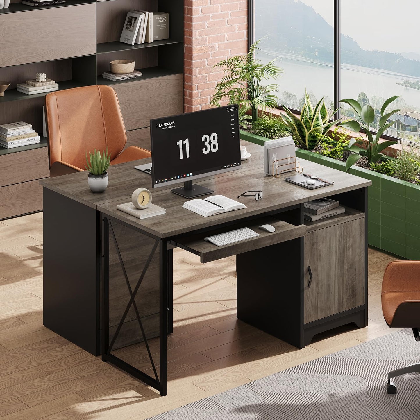 Bestier Office Desk with Keyboard Tray, Industrial Computer Desk with Storage, Reversible Executive Desk with File Cabinet for Home Office Bedroom, 47 inch Grey