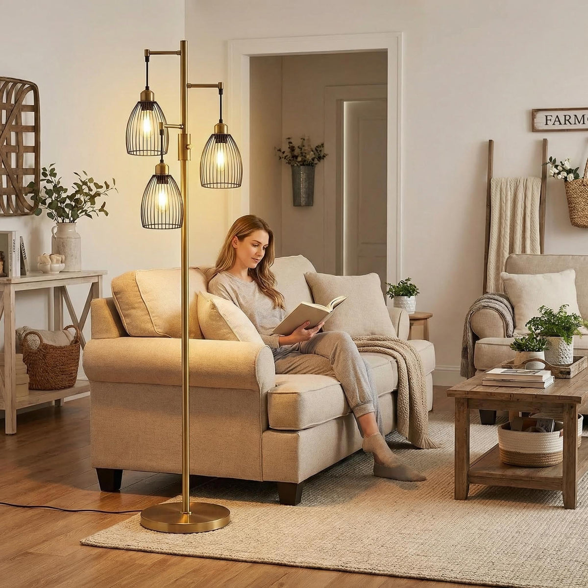 Dimmable Floor Lamp, Industrial Floor Lamps for Living Room, Antique Brass Tree Lamp Standing Lamp Tall Lamps with 3 Elegant Teardrop Cage Head & 800 Lumens LED Bulbs for Living Room Bedroom Office