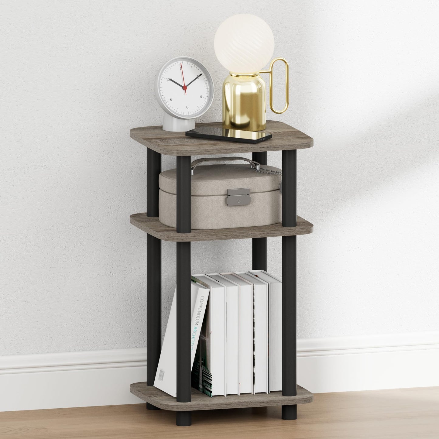 Furinno JUST Night Stand, 3-Tier Turn-N-Tube Nightstand with Open Shelf, Round Curve Corner Side Table, End Table, Easy Assembly, for Living Room, Bedroom, French Oak