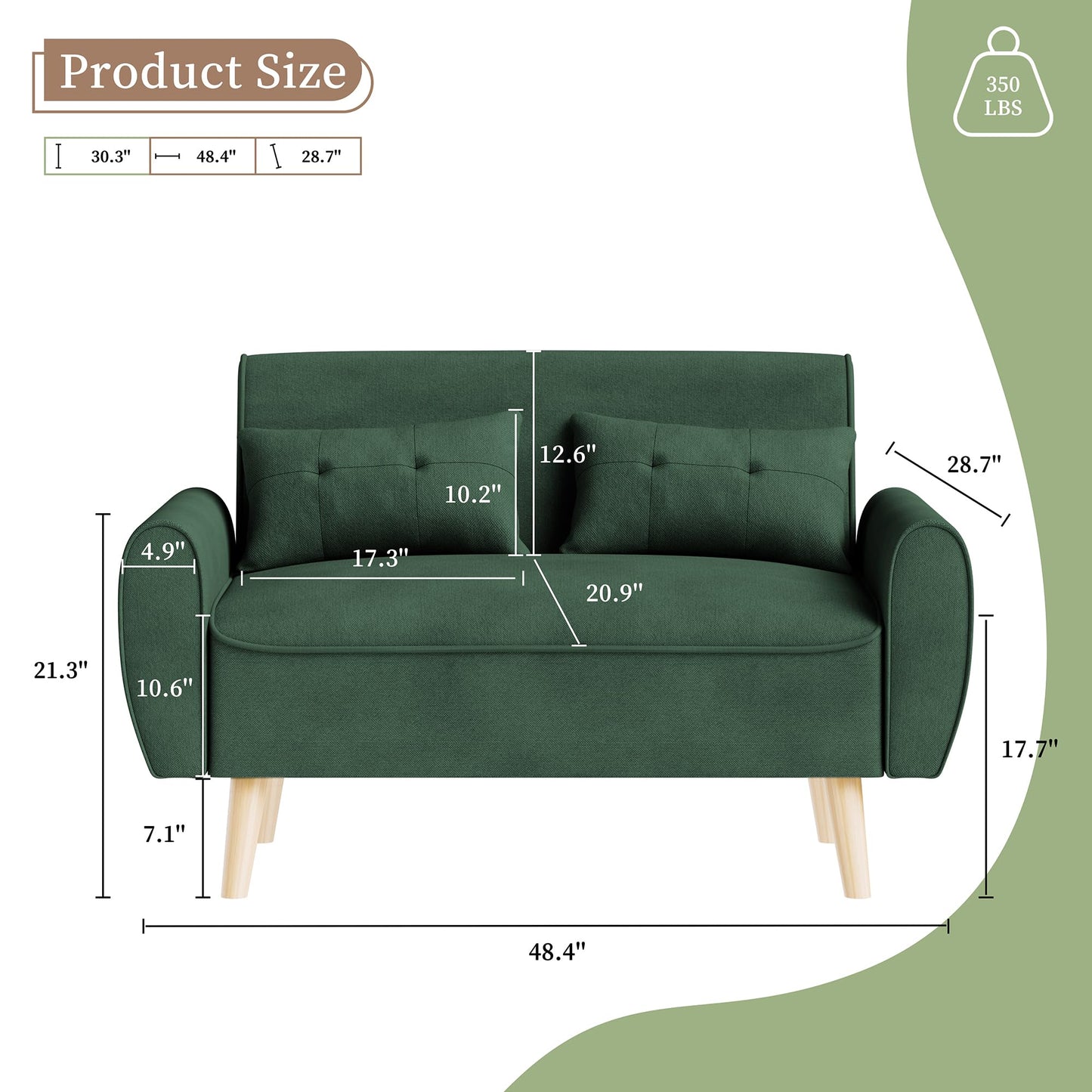 Vongrasig 47" Small Modern Loveseat Sofa, Mid Century Linen Fabric 2-Seat Sofa Couch Tufted Love Seat with Back Cushions and Tapered Legs for Living Room, Bedroom and Small Space (Green)