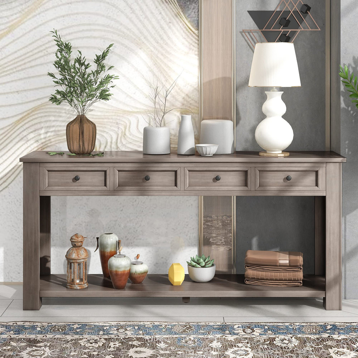 KTATK Solid Wood Console Sofa Table with 4 Drawers and Tabletop,Bottom Shelf for Entryway Hallway or Living Room,Space Saving,Easy to Assemble,Gray Wash,63" L×14" W×30" H
