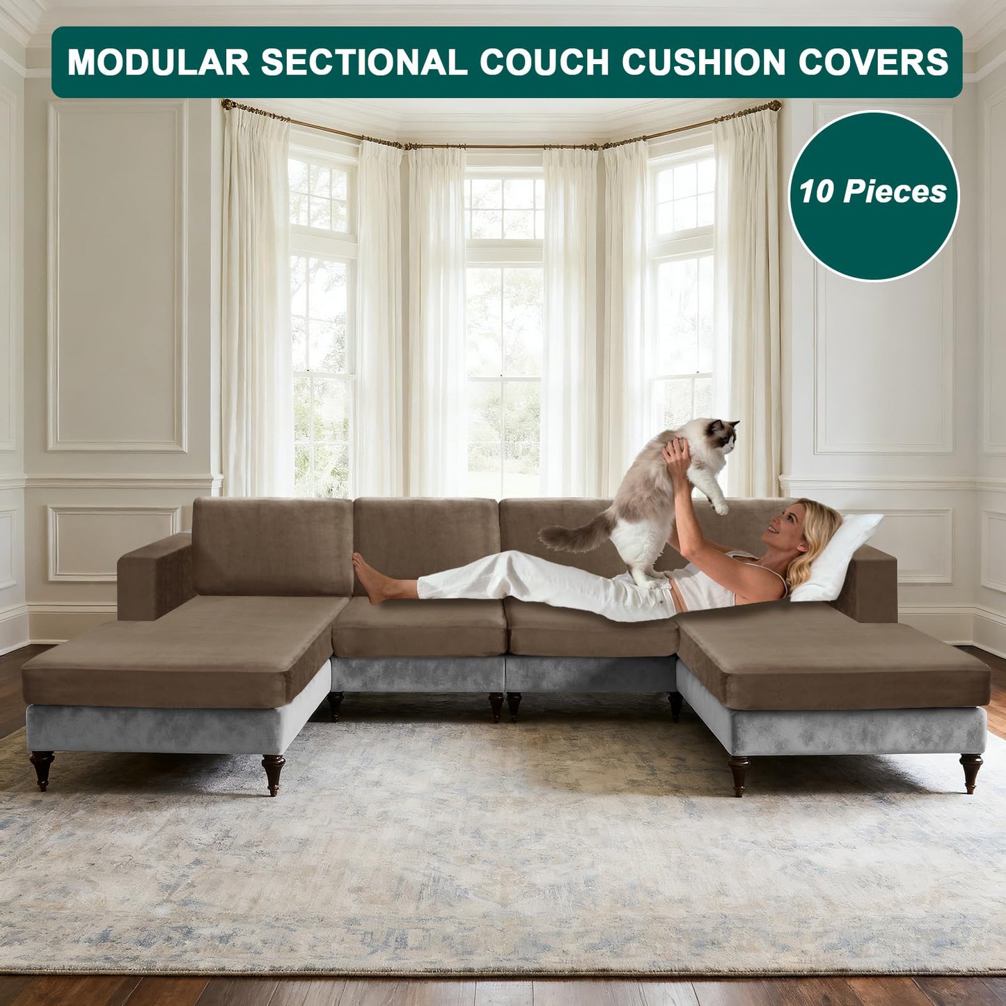 10 Pieces Sofa Cushion Covers for U-Shaped Modular Sectional Couch with 4 Seat+4 Back+2 Arms, Stretch Velvet Upholstered Covers for Sofa Bed with Deep Double Chaise (Camel,Universal (10 Pieces))