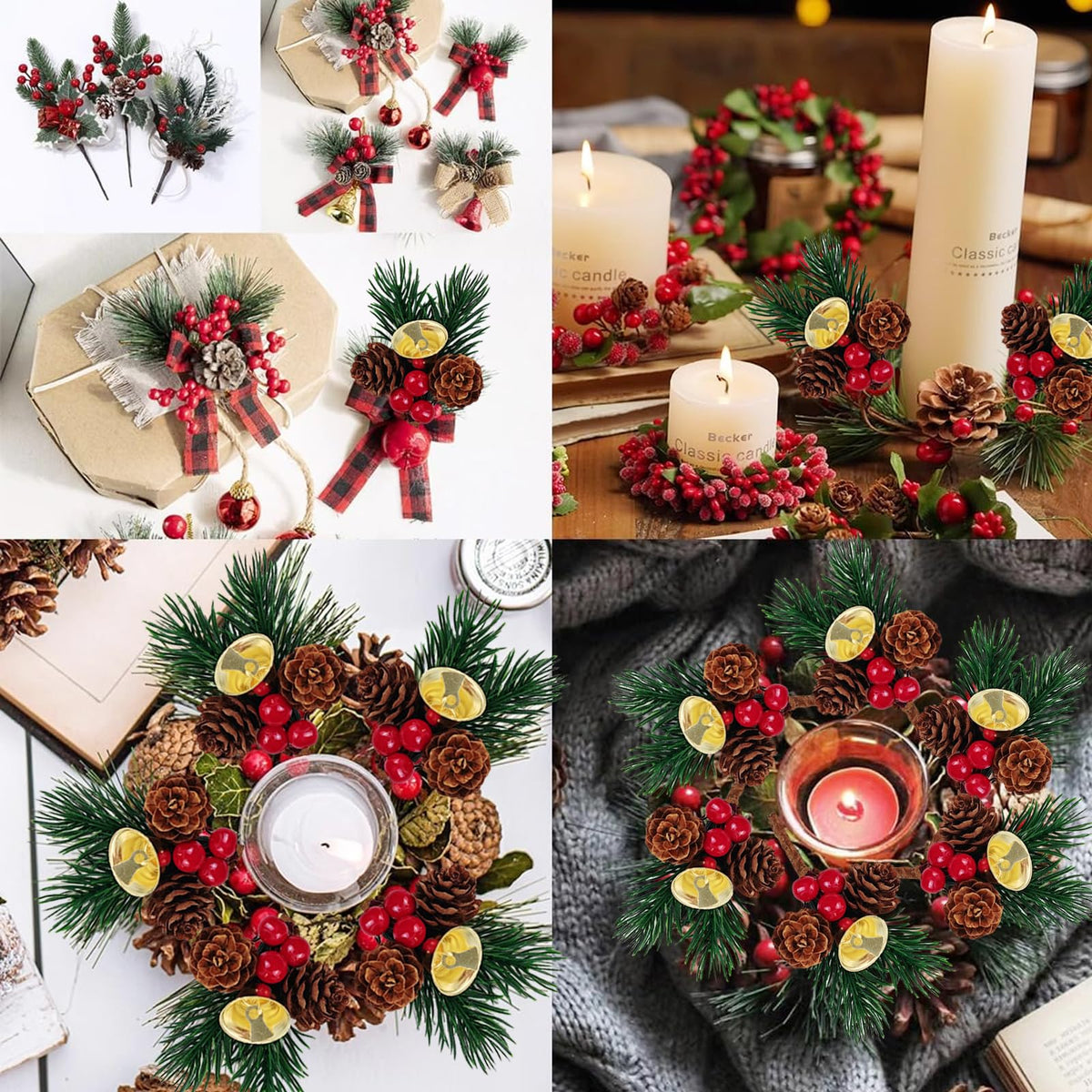 GXXMEI 25PCS Christmas Floral Pick with Jingle Bell, Pine Cone Holly Berry Stems for Crafts, Artificial Christmas Picks and Sprays for Christmas Home Decor, Garland, Wreath