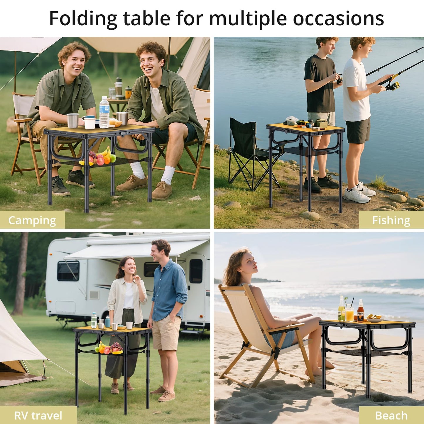 Anbte 2ft Camping Table Foldable with Storage Net, 3 Adjustable Heights Aluminum Small Folding Table Lightweight, Portable Handle for Travel Outdoor Beach Camping Picnic, 23.2" x 16", Light Oak Grain
