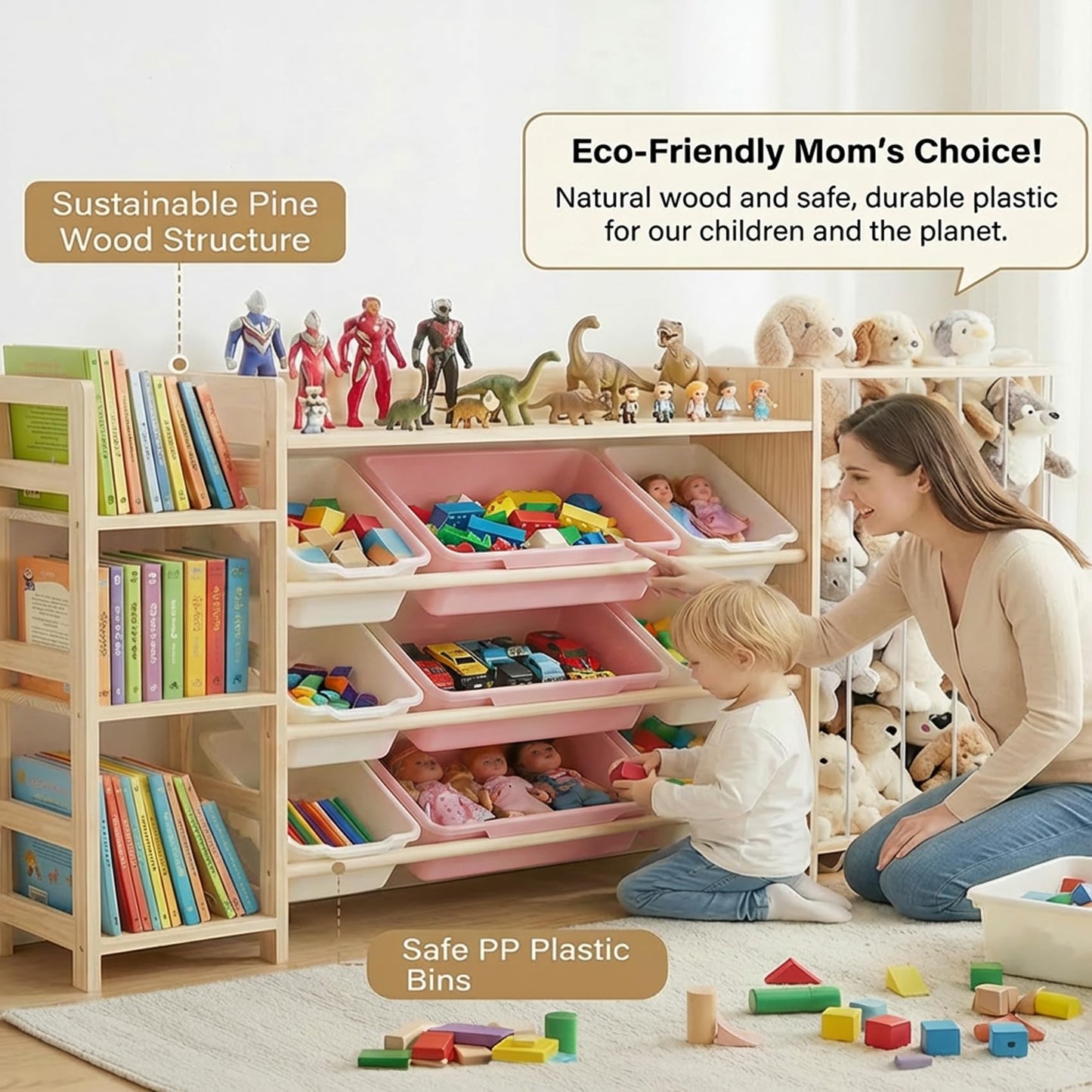 Amdermi Kid's Toy Storage Organizer with Bookcase & Plush Stuffed Animal Zoo, Multi-Bin Toy Storage Shelf for Toddlers, 4-in-1 Wooden Display Rack for Playroom, Bedroom & Nursery (Pink)
