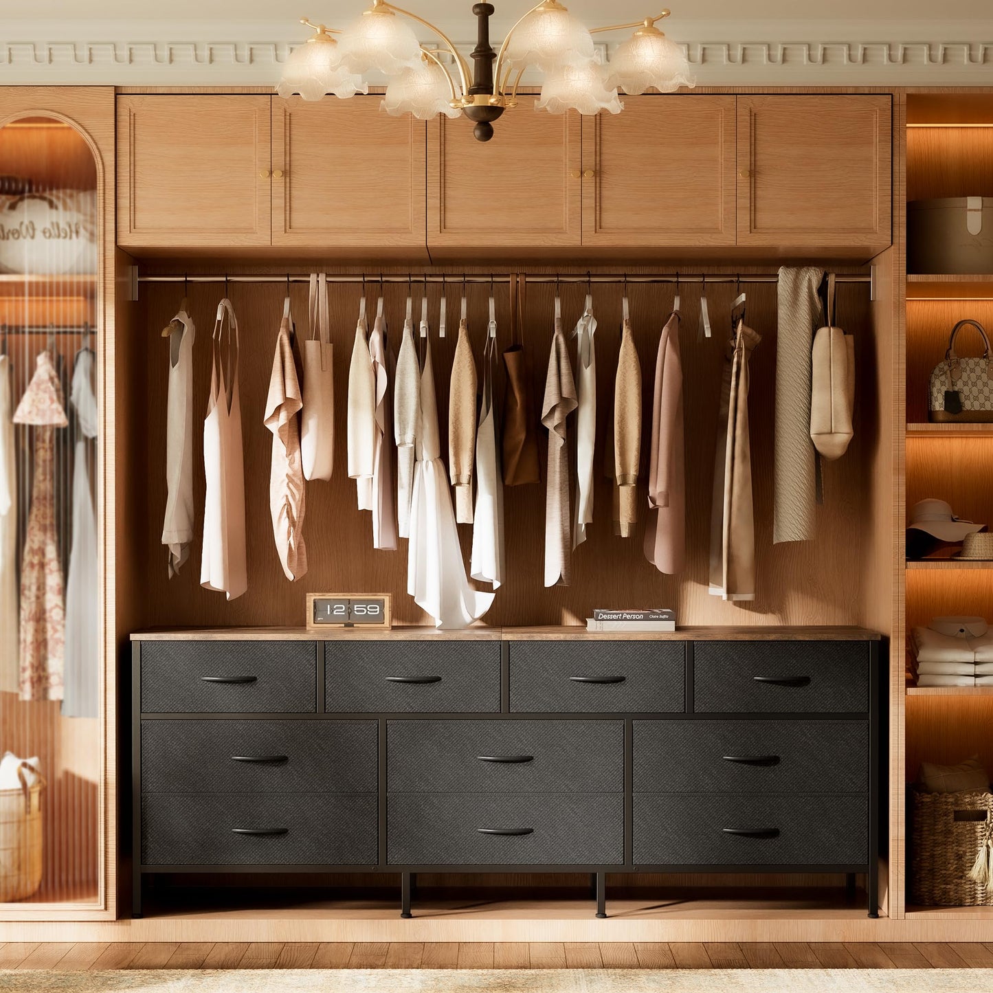 Huuger 63 Inch Dresser for Bedroom, Long Dresser with 10 Fabric Drawers, TV Stand for 55, 65, 70 Inch TV, Toy Storage Organizer for Closet, Rustic Brown and Black