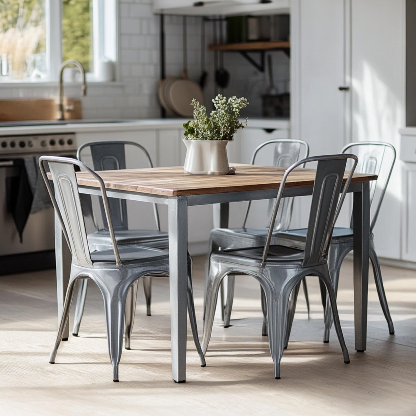 AC Pacific 18 Inch Seat Height Industrial Metal Dining Chairs, Stackable Kitchen or Bar Seat, Durable Modern Design, Versatile Accent Furniture, Set of 2, Silver