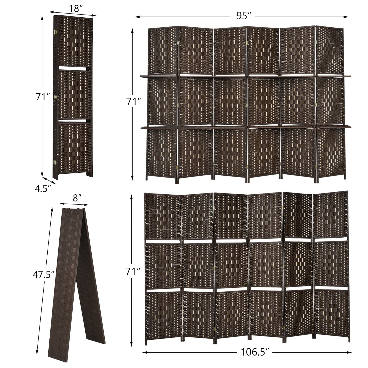 Giantex 6Ft 6 Panel Room Divider with Shelves, Freestanding Hand-Woven Rattan Folding Privacy Screens for Room Separation, Wooden Partition Room Divider Wall for Home Office Studio Separator
