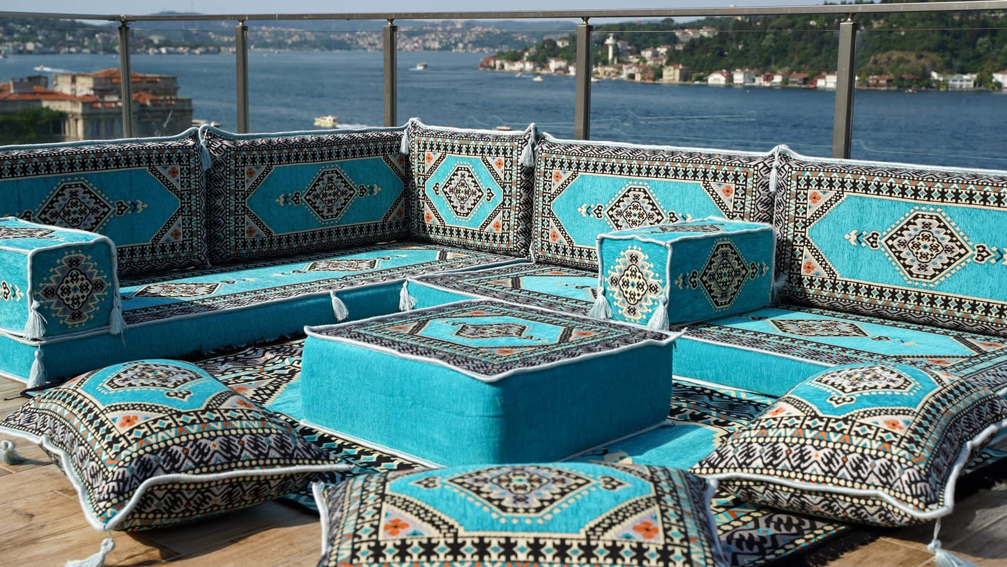 L Shaped Arabic Floor Cushions, Sectional Sofas, Arabic Majlis Set, Custom Made Sofa, Arabic Sofa Set, Seating Cushions (4'' Thickness Sofa, L Sofa Full Set, Turquoise)
