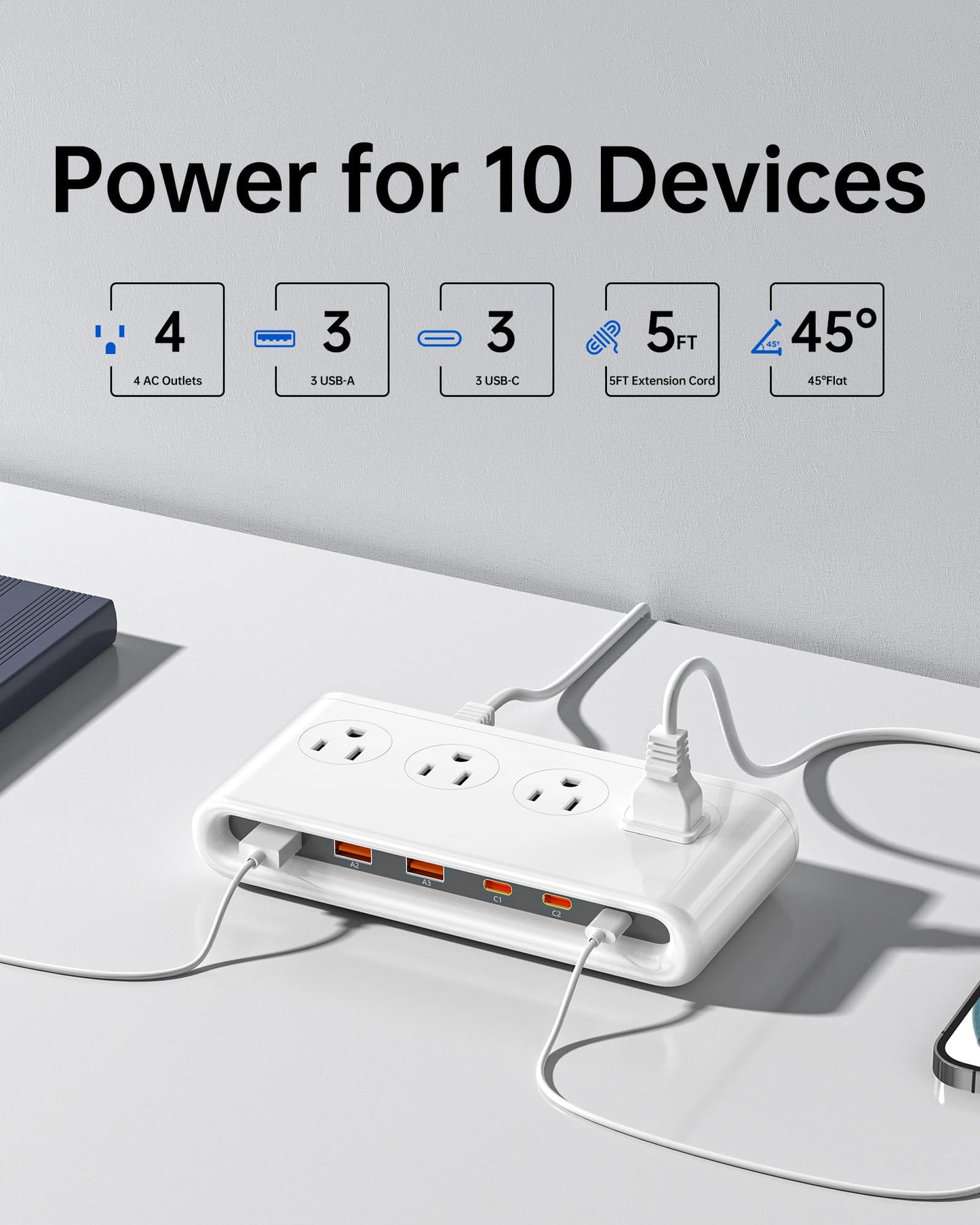 10-in-1 USB Charging Station with PD 20W Fast Charging, Surge Protector 6 USB Ports 4 AC Outlets 5ft Travel Power Strip with USB Ports Extension Cord for Home/Office/Travelling