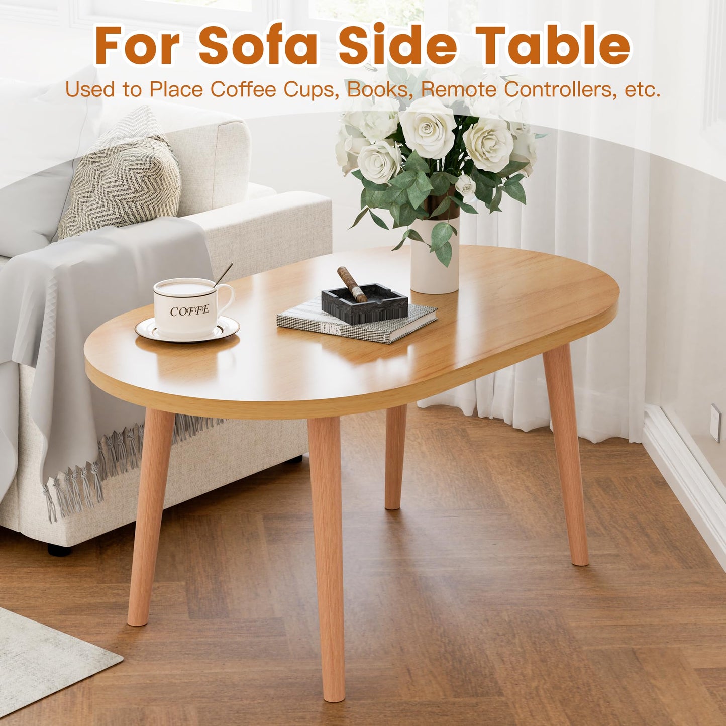 Small Coffee Table, Low Table with Solid Wood Legs, 23.6" Mini Oval Accent Table Side End Table, Floor Table Desk for Sitting on The Floor, Coffee Tea Table for Living Room, Dorm, Apartment, Natural
