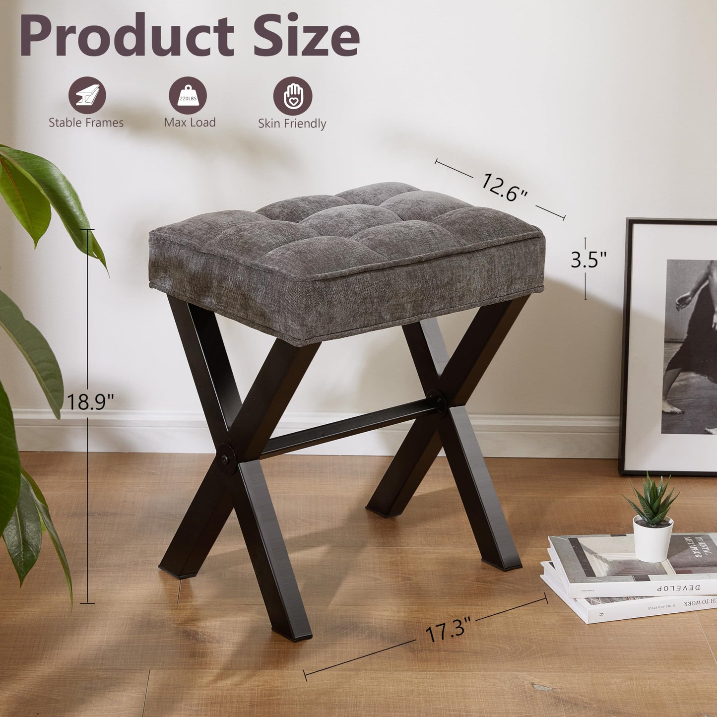 Royal Windsor Vanity Stool,Square Ottoman Stool Foot Rest,Upholstered Vanity Chair Foot Stool with Metal X Legs, Small Vanity seat for Entryway,Bedroom and Living Room,Linen Dark Grey