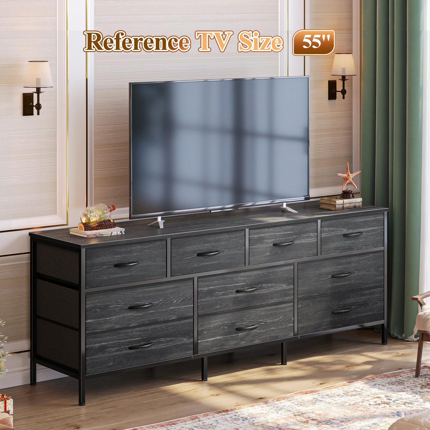 Huuger 63 Inch Dresser for Bedroom, Long Dresser with 10 Fabric Drawers, Large TV Stand for 55, 65, 70 Inch TV, Toy Storage Organizer for Closet, Charcoal Black Wood Grain Print