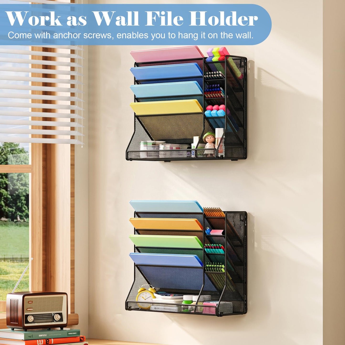 Jakyitvi File Organizer Wall Mounted, 4 Tiers Durable Adjustable Metal Desk Organizer, Desktop Hanging File Holder with 4 Pen Slots Stable, 4 Pull-Out Divider for File, Mail, Black, Patent Pending
