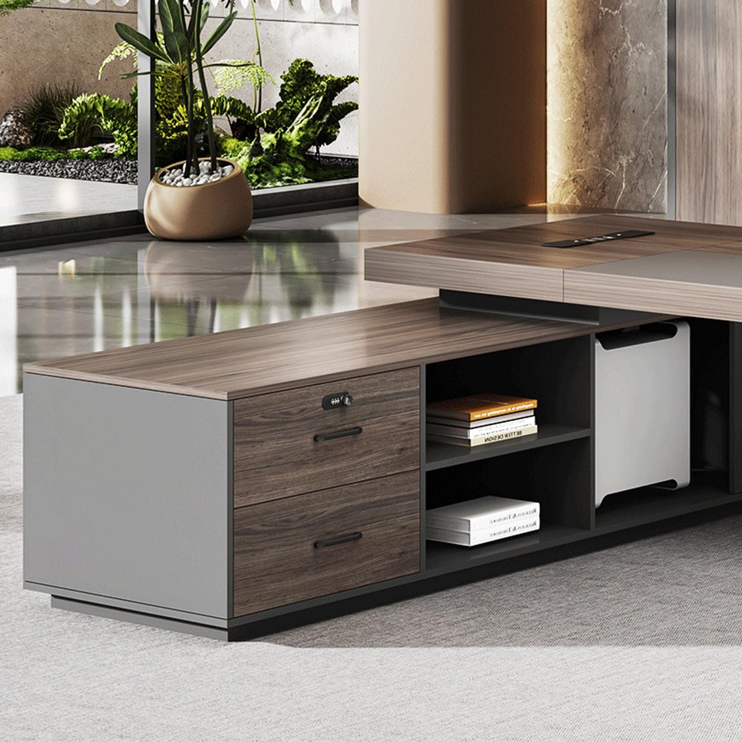 HONGYISHI Brown L Shaped Executive Office Desk with Drawers Modern Large Home Computer Desk with Cabinet and Open Storage Shelf Writing Study Table Business Workstation Set for CEO, Boss
