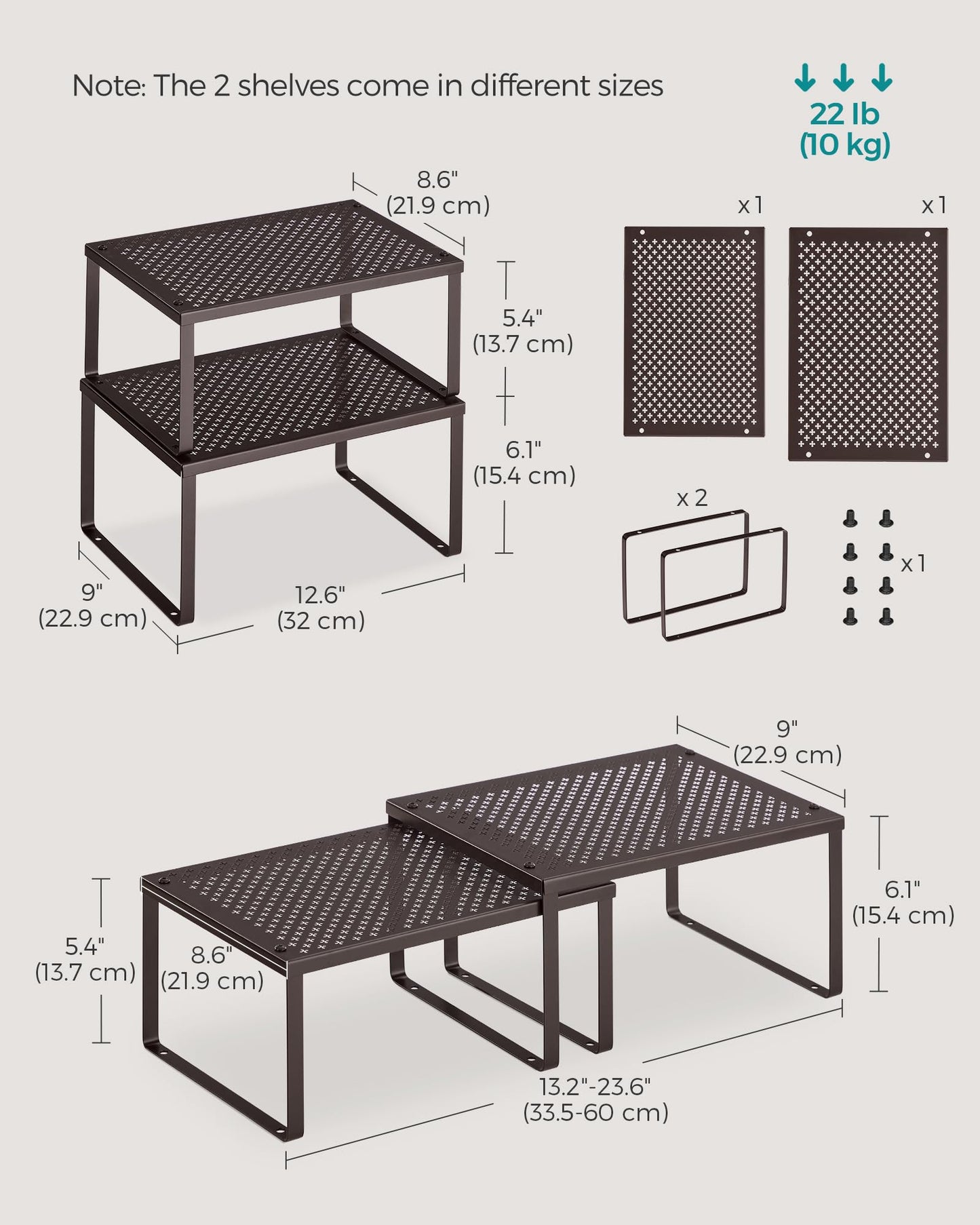 SONGMICS Spice Racks, Set of 2 Metal Cabinet Shelf Organizers, Countertop Organizers, Shelf Risers, Stackable, Expandable, Brown UKCS01BR