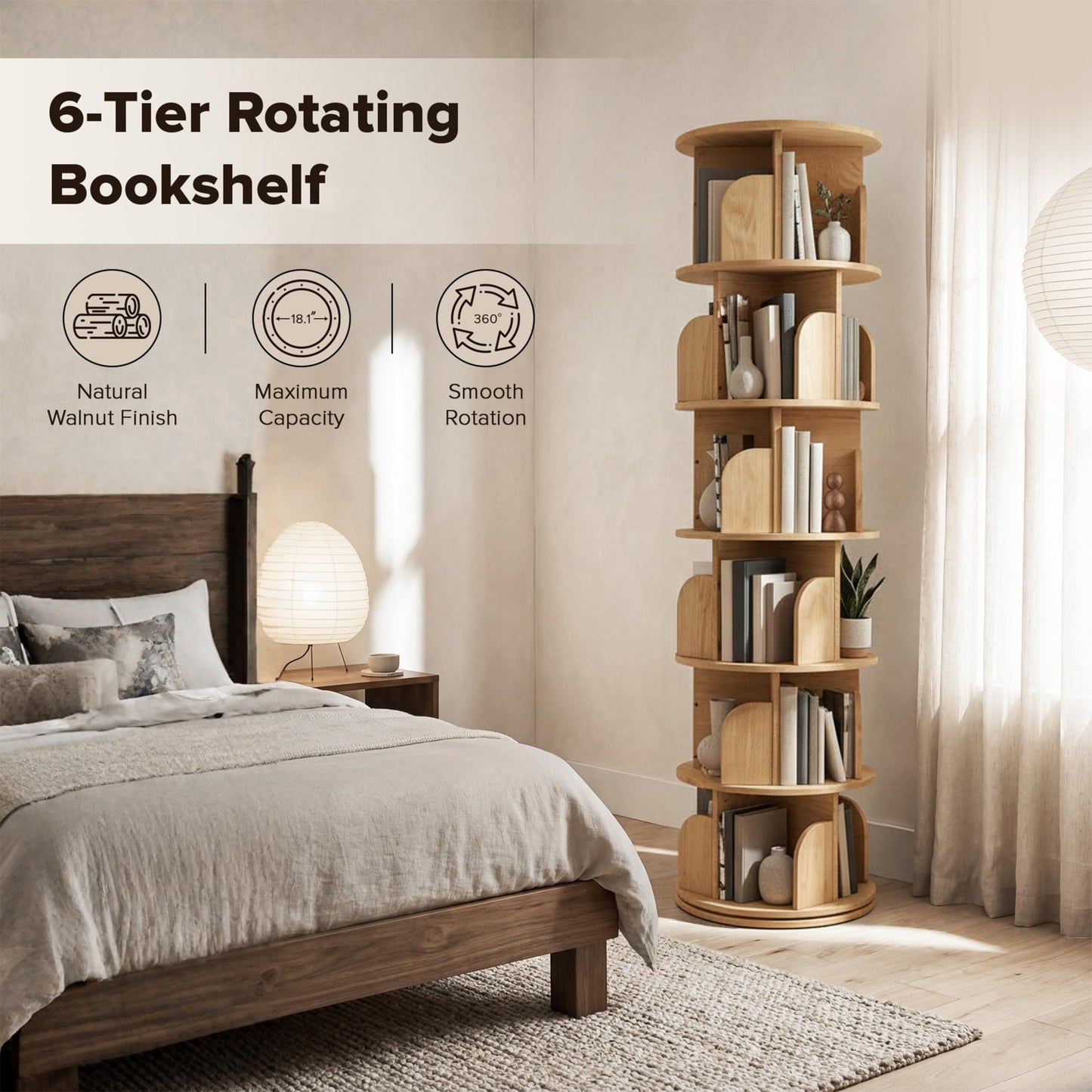 Maison Atelier 6-Tier Rotating Bookshelf with 18″ Wide Shelves, Solid Wood Bookcase for Living Room, Bedroom & Kids Room, Space-Saving Corner Bookshelf with Lazy Susan Organizer - [Pine]