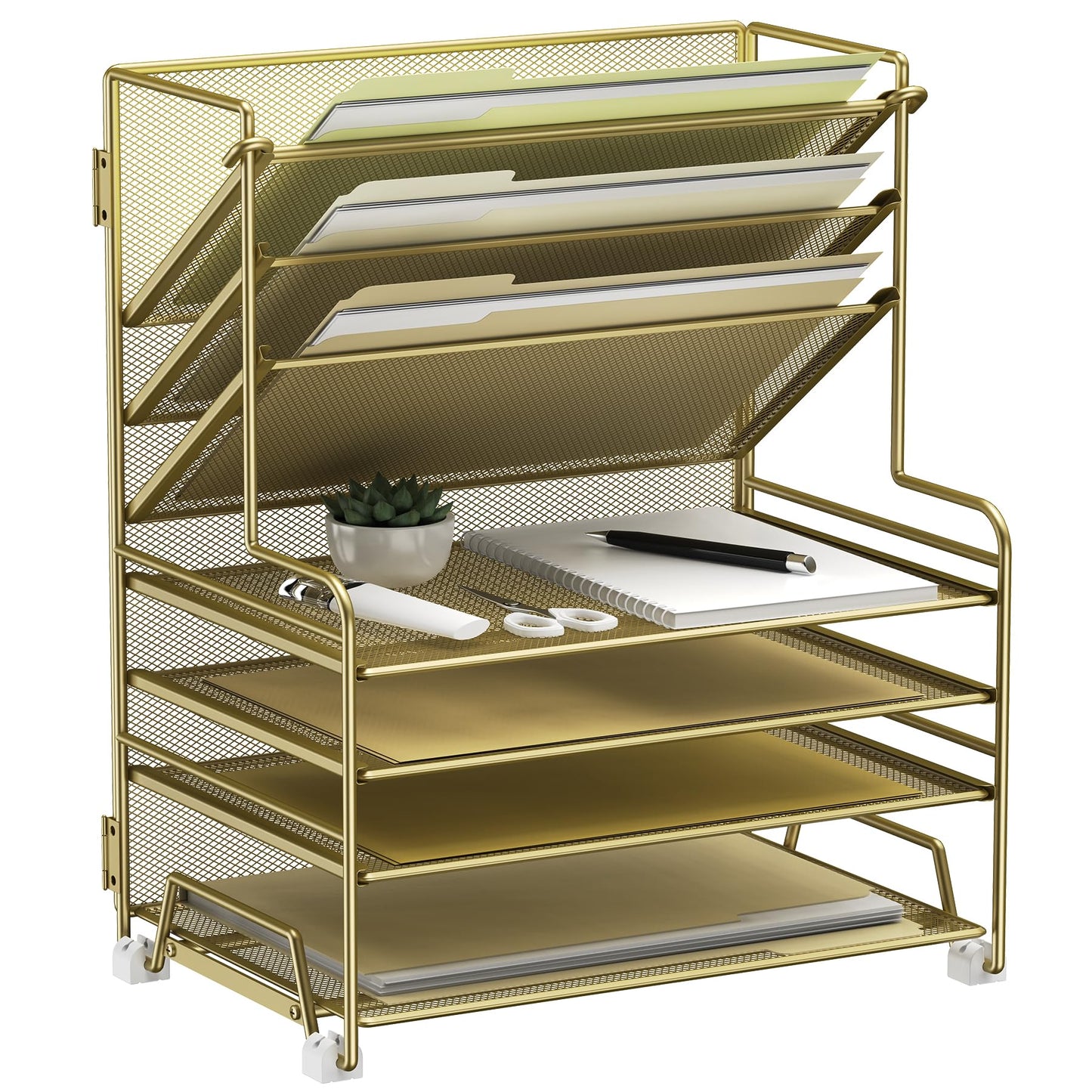 MINDEPOT 4-Tier Paper Organizer + 3-Pocket File Holder + Drawer + Pen Holders, Desktop File Organizers Paper Tray for Office Supplies School Classroom Organization (Gold, no Drawer & Pen Holder)