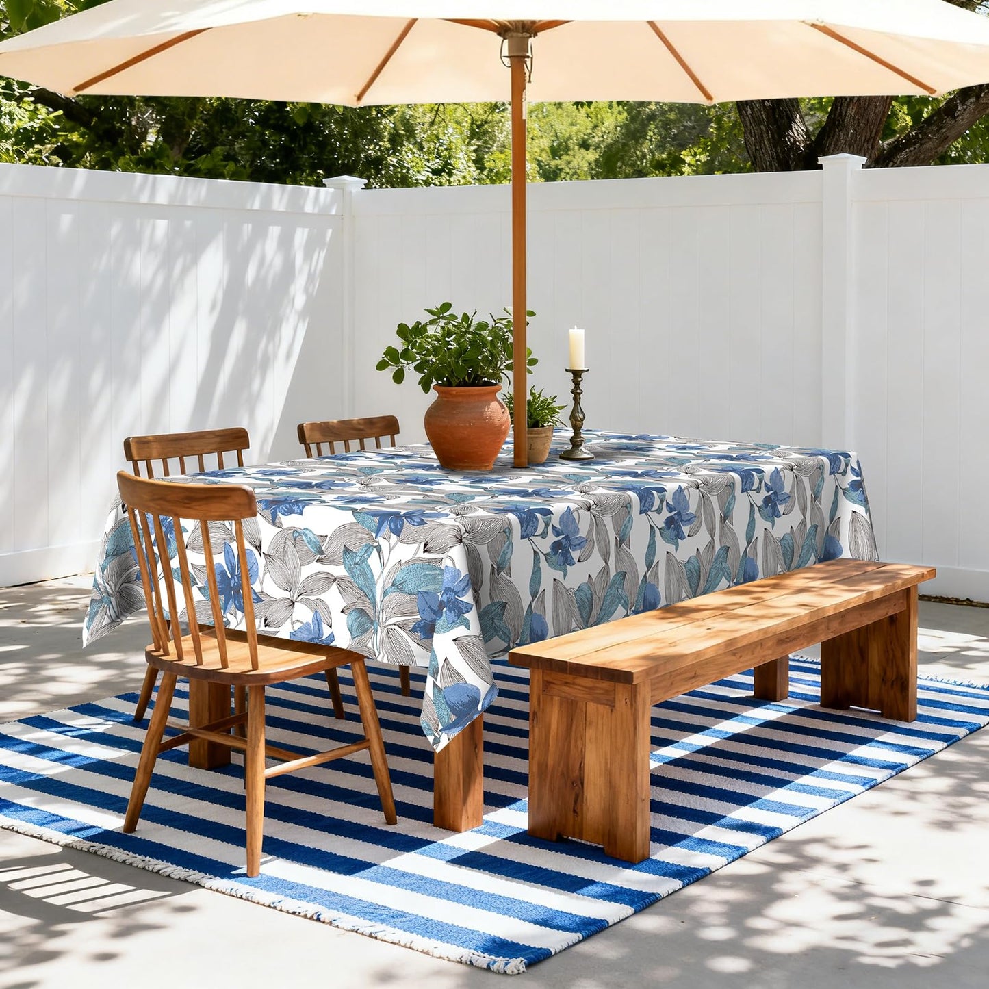 LVTXIII Outdoor Tablecloth with Umbrella Hole and Zipper, 60 x 84 Inch Water-Repellent Patio Table Cloth, Rectangle Table Covers for Backyard Garden, Clemens Noir Blue