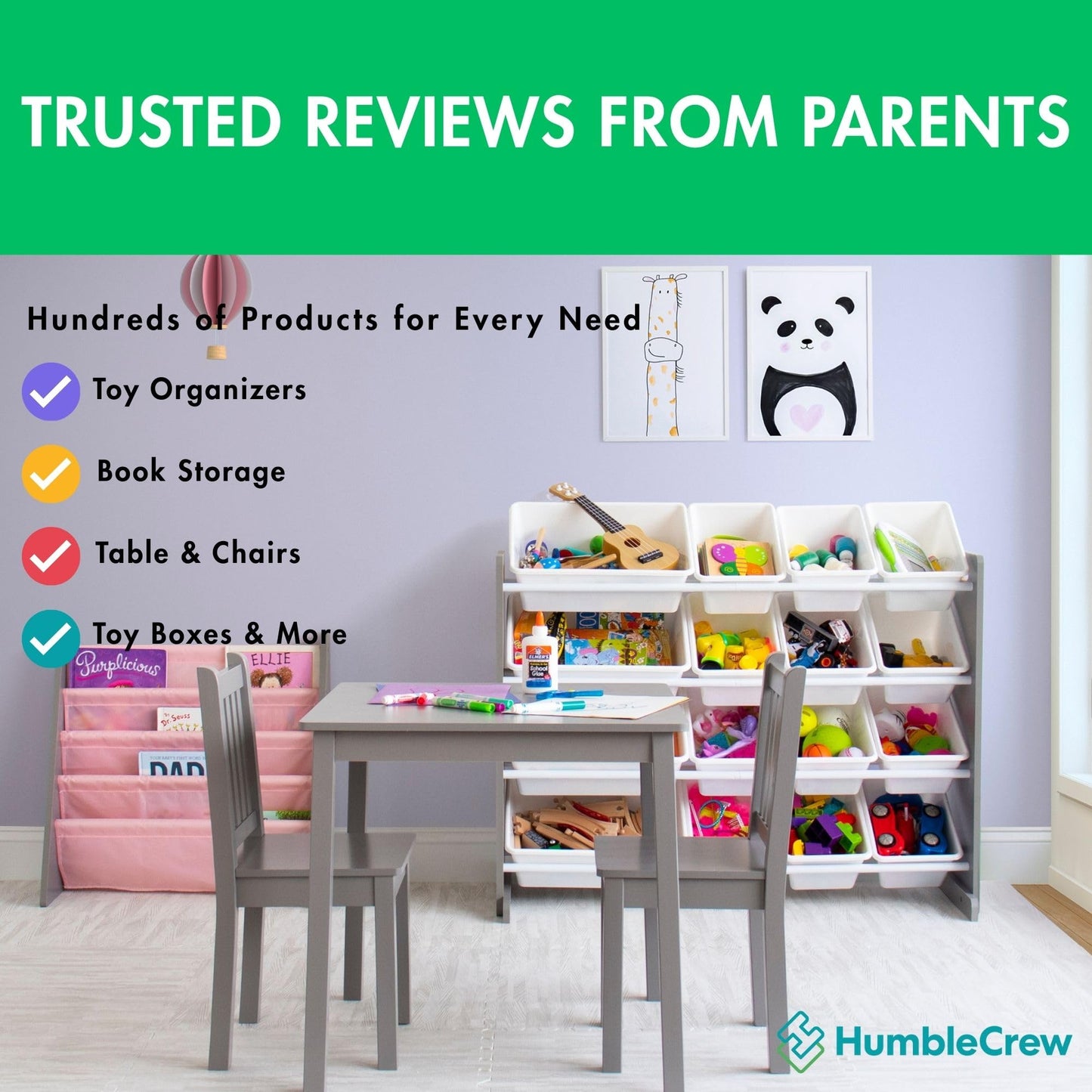 Humble Crew Kids Bookshelf, 4-Tier Front-Facing Book Display Organizer, Montessori Toddler Bookcase for Playroom, Bedroom & Reading Corner, Grey Wood/Pink