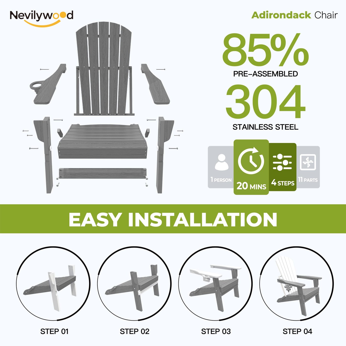 nevilywood Folding Adirondack Chair, Ergonomic, Cup Holder, 380lbs,Grey