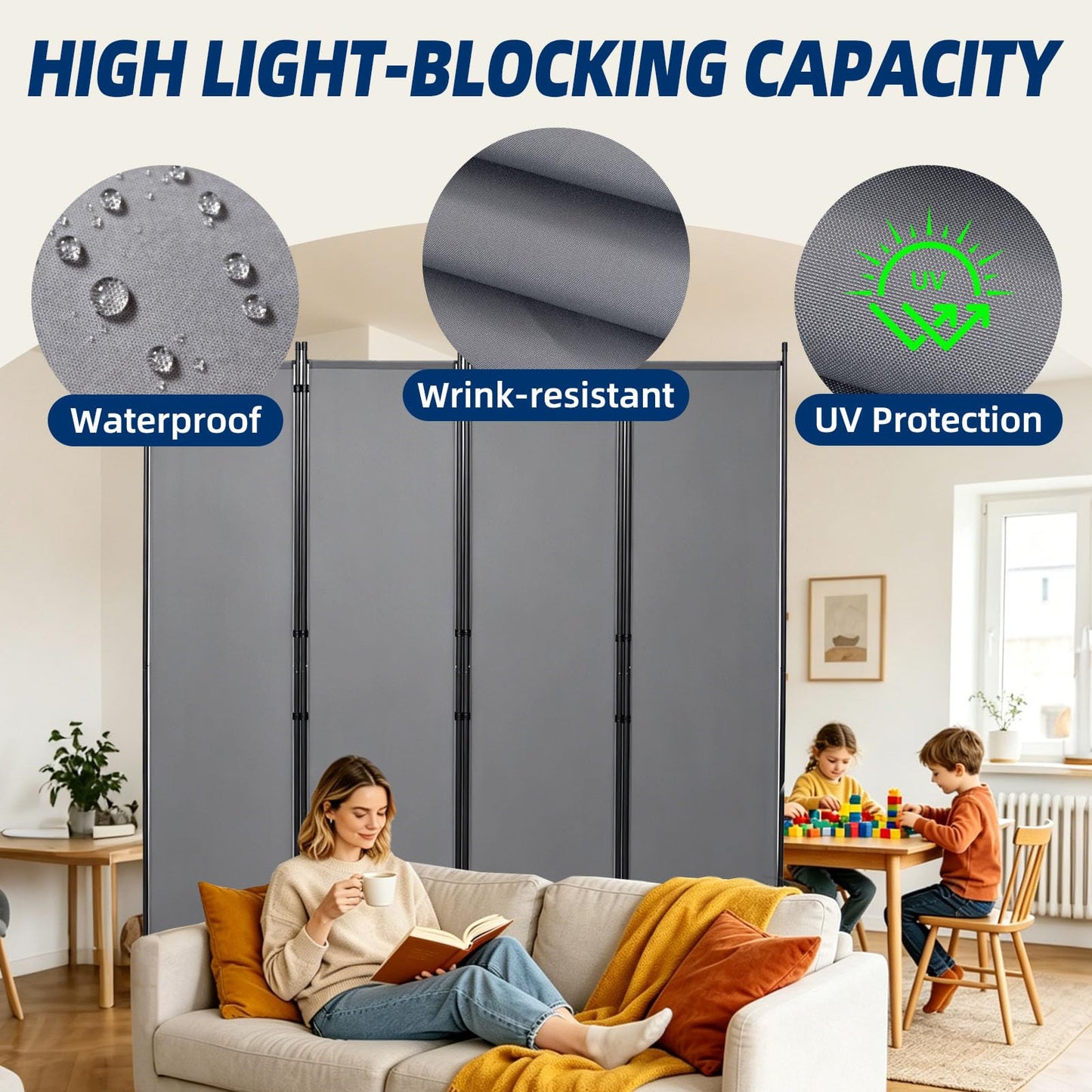 Room Divider and Folding Privacy Screens, Wide Room Divider Wall Screen for Room Separtition, Partition Room Dividers Fabric Panel Wall Dividers Freestanding for Office (Grey, 4 Panel-88'' Wide)