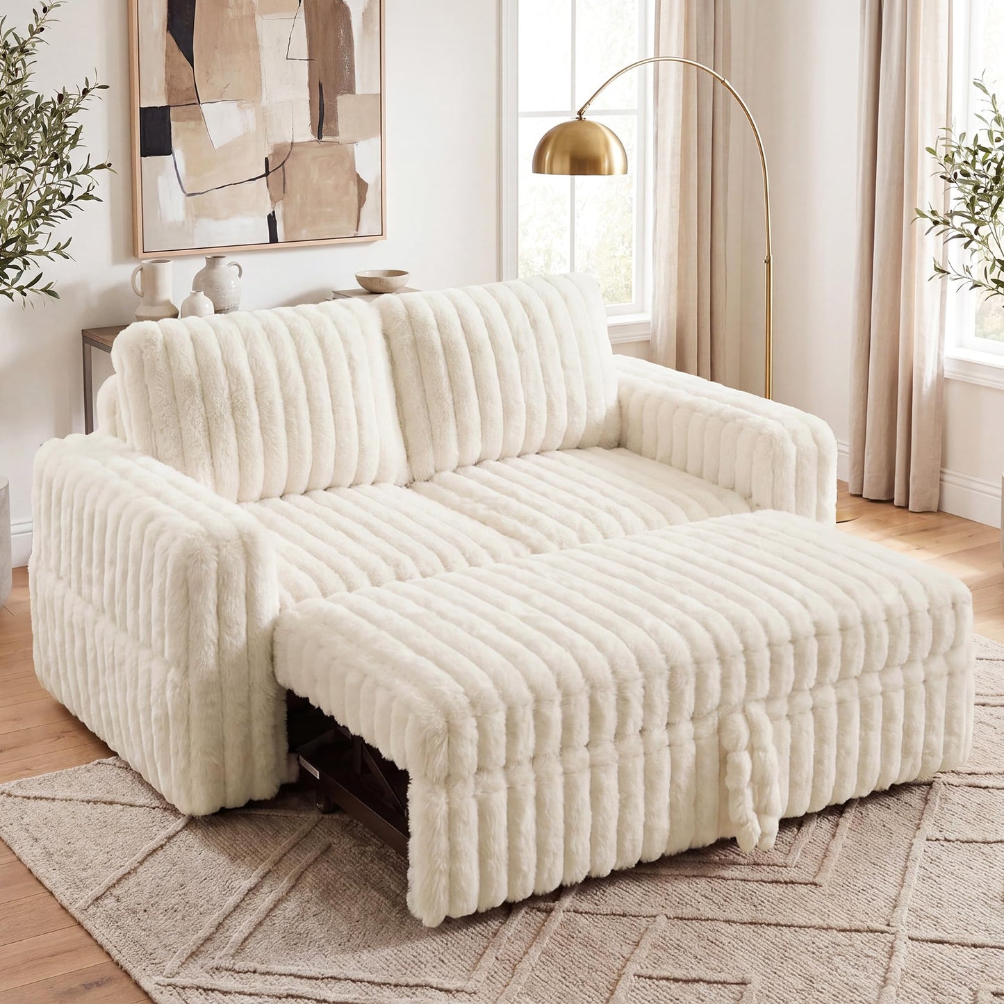 HONBAY Plush Corduroy Loveseat Sleeper Sofa,Modular Pull Out Sofa Bed,Couches for Living Room,Plush Beige