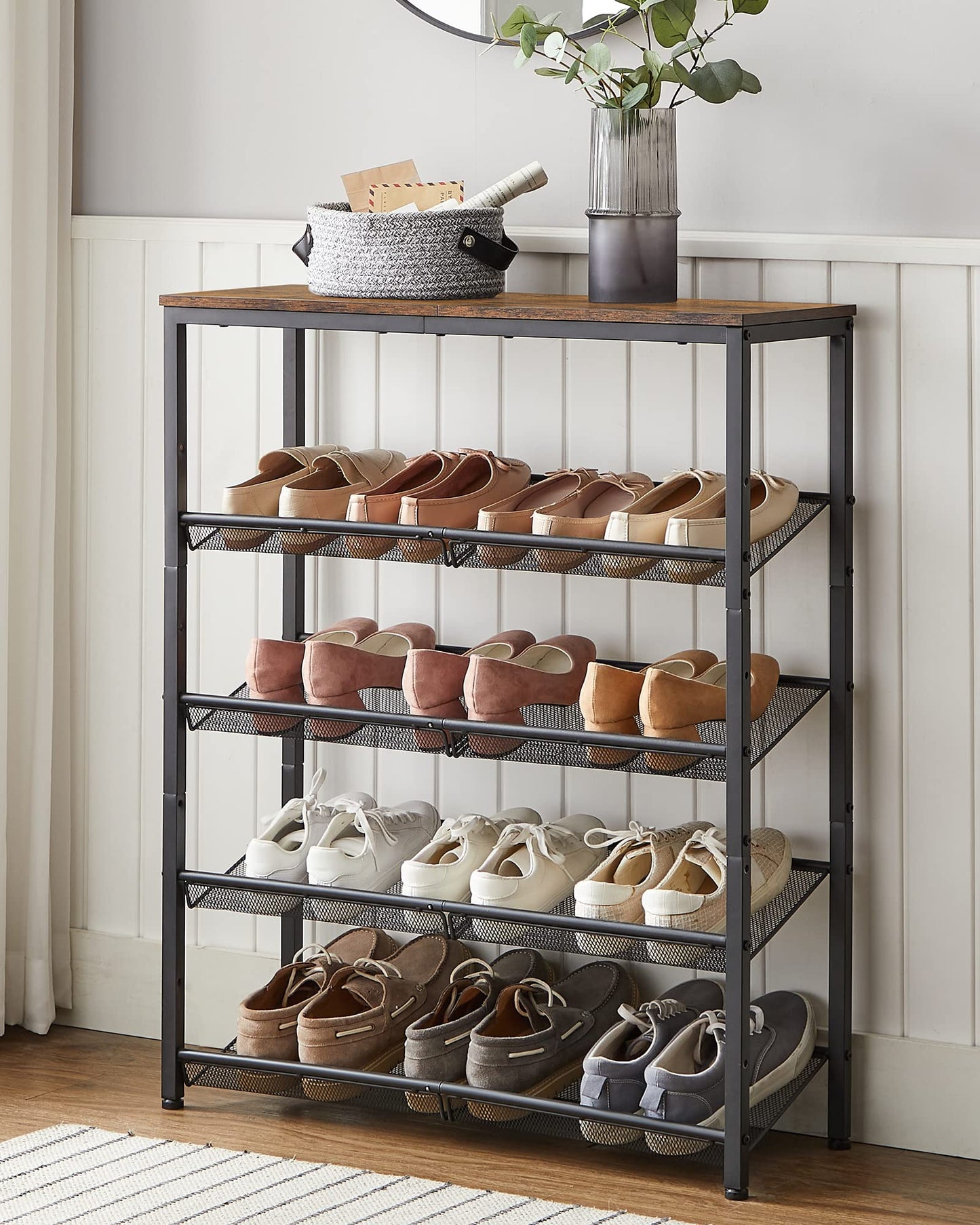 VASAGLE Shoe Rack for Entryway, 5-Tier Shoe Rack Organizer with Storage Shelves and Spacious Top, Freestanding, Adjustable, Industrial, Rustic Brown and Ink Black ULBS038B01