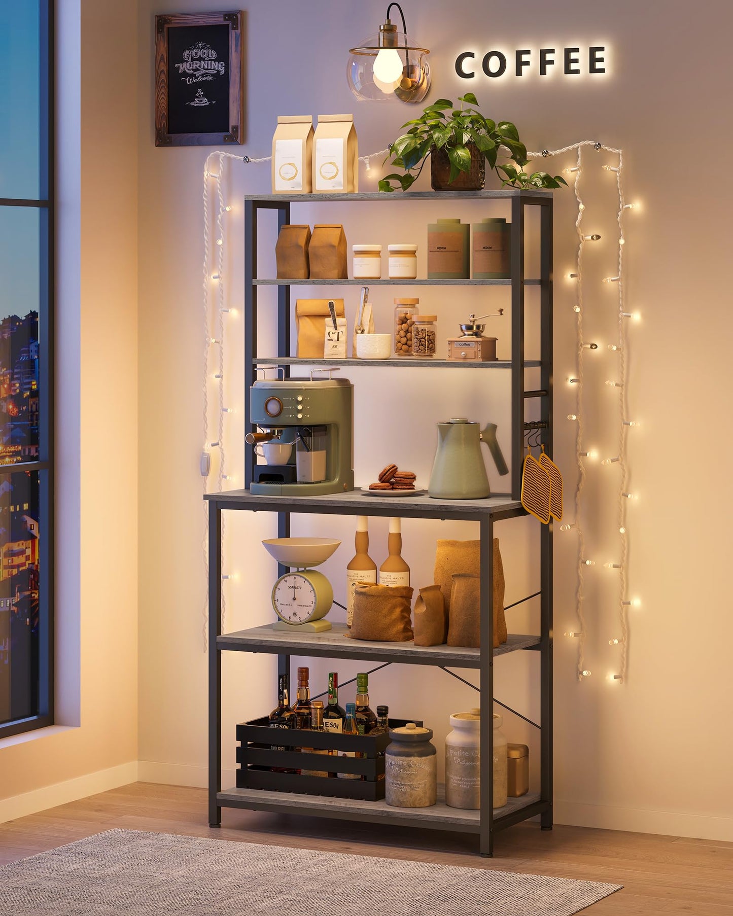 VASAGLE Coffee Bar, 31.5 Inches Baker's Rack for Kitchen with Storage, 6-Tier Kitchen Shelves with 6 Hooks, Microwave Stand, Industrial, Heather Greige and Ink Black UKKS019B02