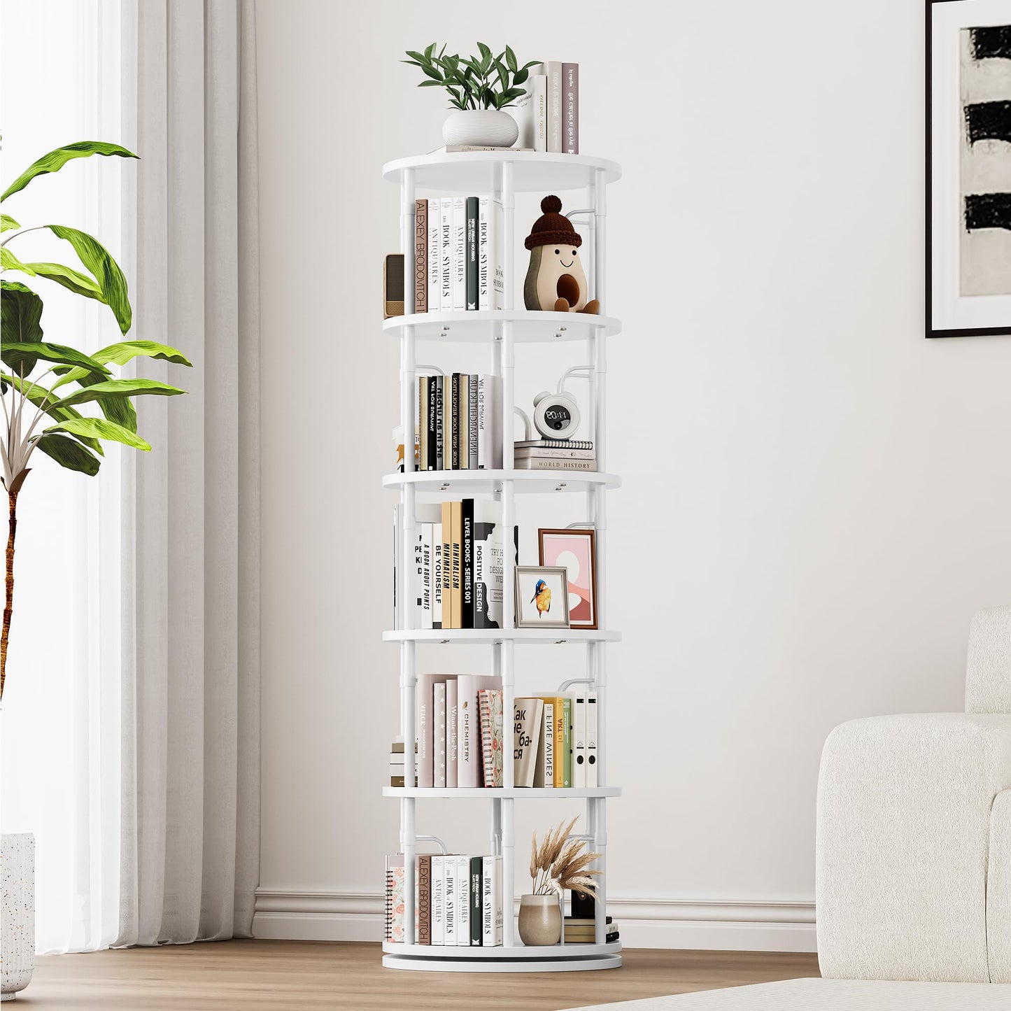 iabifo 5-Tier Tall Rotating Bookshelf, 360°Spinning Swivel Bookcase Tower, Vertical Floor Standing Revolving Round Book Shelf Organizer for Small Spaces, Corner, Living Room, Bedroom, White