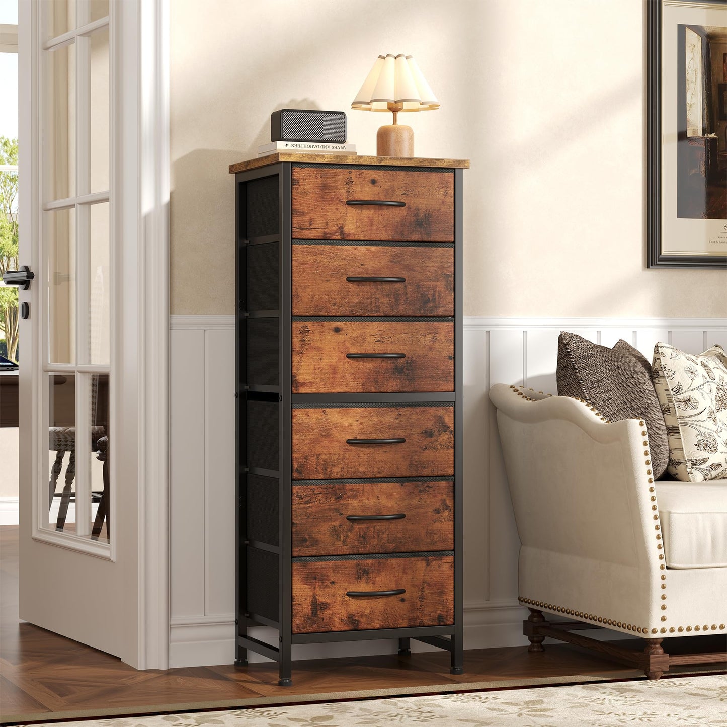Sweetcrispy Tall Fabric Dresser for Bedroom, 6 Drawer Skinny Chest of Drawers, Narrow Storage Tower with Wood Top and Metal Frame, Vertical Nightstand for Closet, Bedroom Organization Furniture, Brown