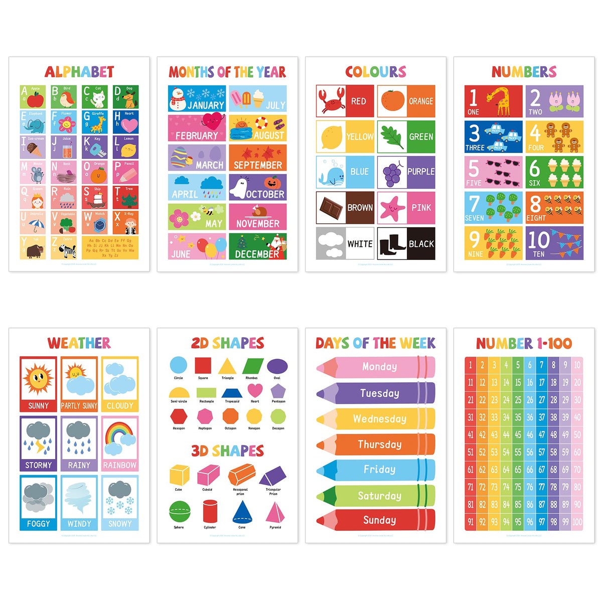 UNCLE WU 16 Pack Laminated Educational Posters for Toddlers, 17 x 11 Preschool Classroom Posters with ABC Alphabet, Numbers 1-100, Shapes, Colors, USA & World Maps, Homeschool Supplies