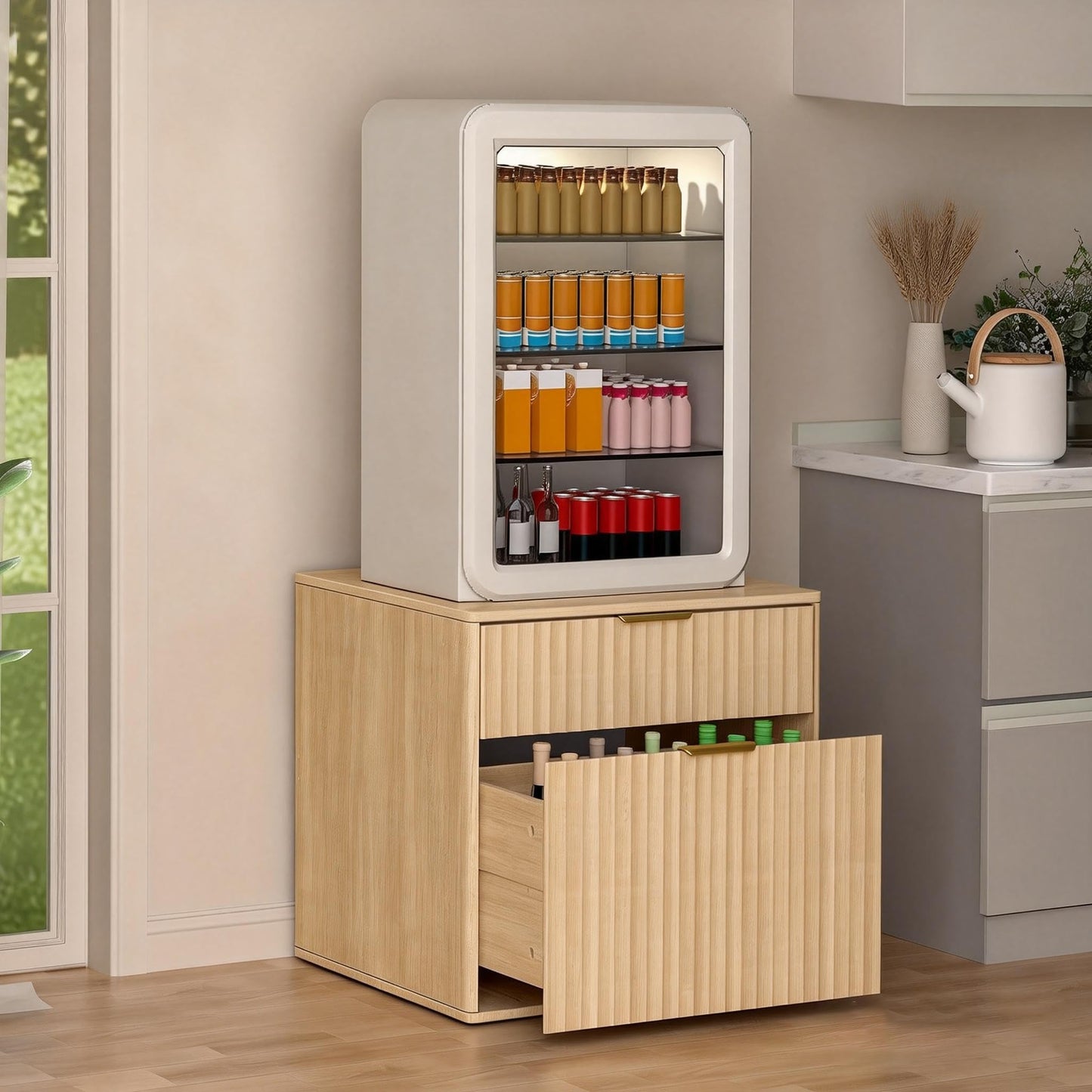 Aruood Mini Fridge Stand with Storage，Small Refrigerator Stand with Wooden，Mini Fridge Table with Drawer for Dorm, Apartment, Office, Bedroom，Hold 300LBS, Light Oak