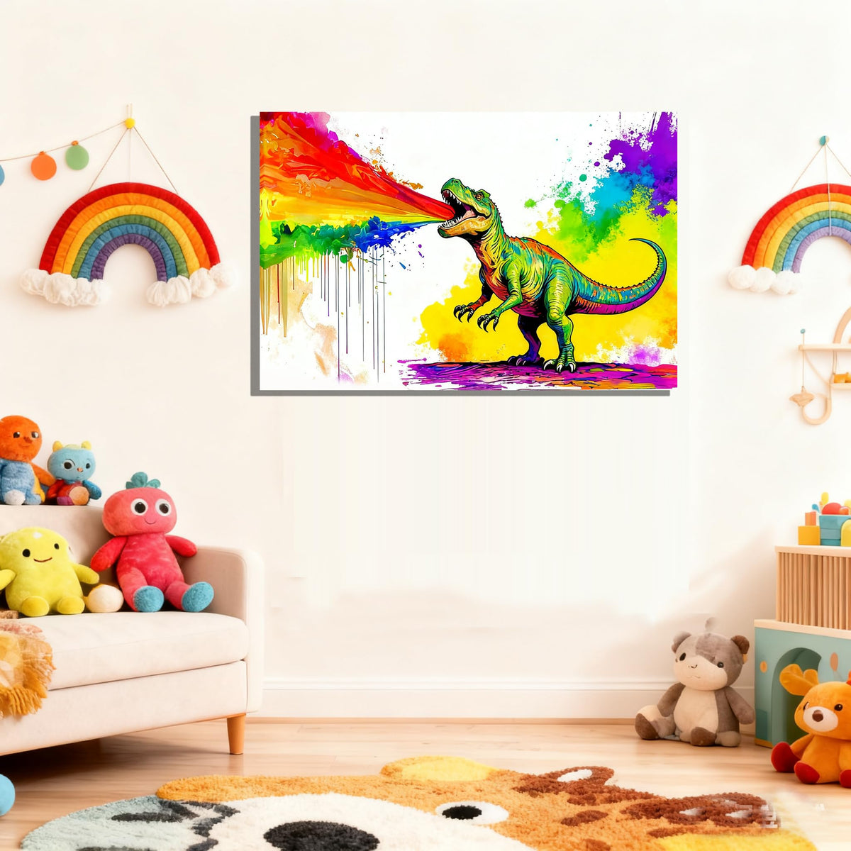 16x24 Graffiti Wall Art Colorful T-Rex Spitting Rainbow Fire Framed Canvas Dianosaur Prints Decor Pop Cartoon Picture Kids Nursey Bathroom Pictures Teen Boys Bedroom Child Funny Animals Posters