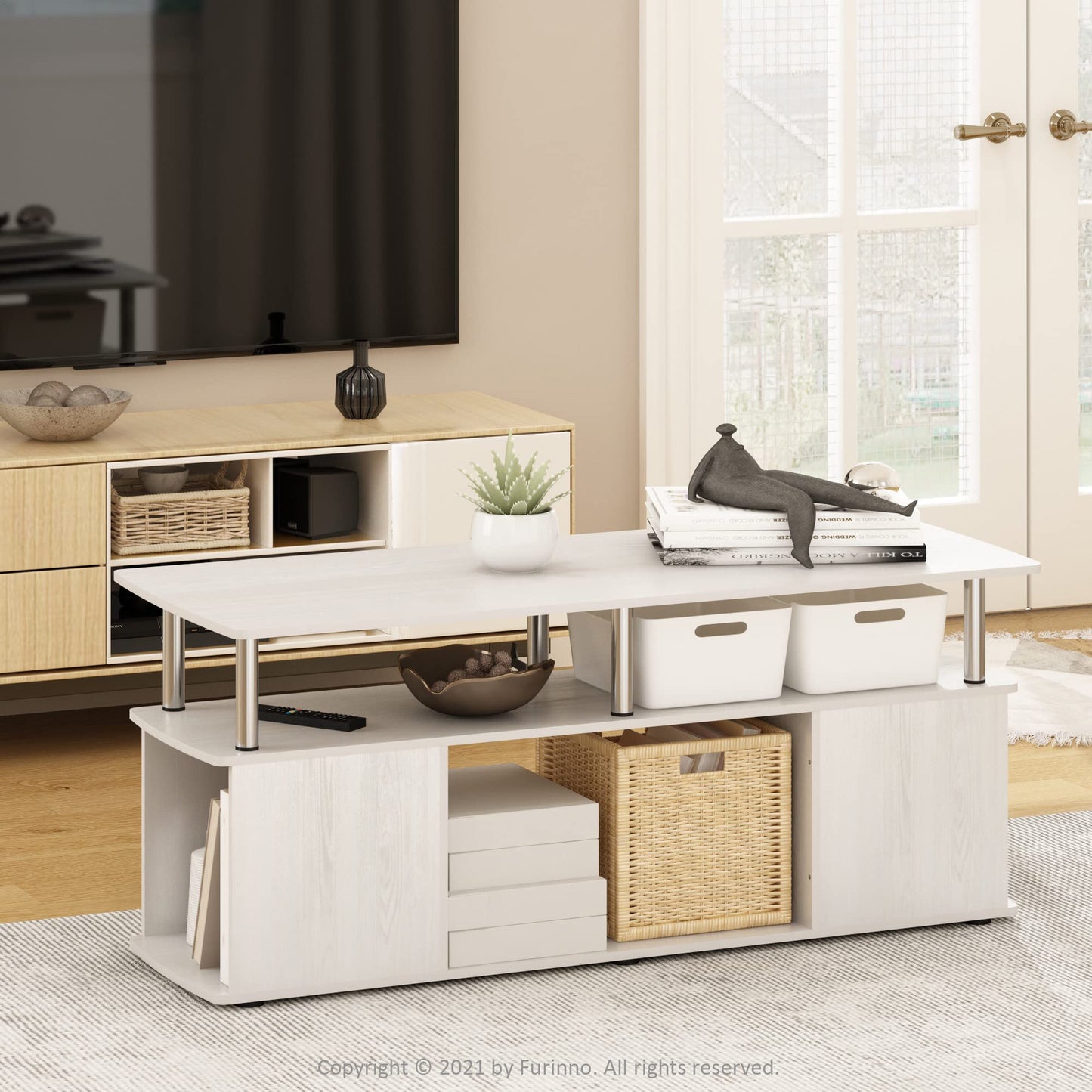Furinno JAYA TV Stand, 3-Tier Entertainment Center with Open Shelf, TV Console for TV up to 50 Inch with Side Open Storage Compartments, for Living Room, Bedroom, White Oak/Stainless Steel Tubes