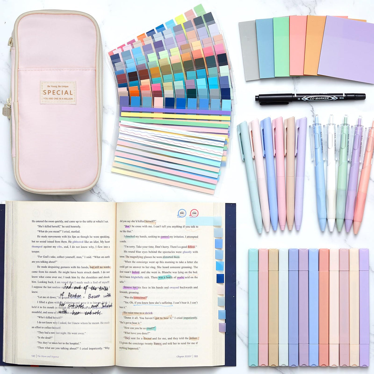 Trandraft 135 Pcs Book Annotation Kit with Pencil Case, 12 Pastel Highlighters, 11 Gel Pens, Fine Marker, 300 Transparent Sticky Notes, 2640 Index Tabs, Bible Study Supplies Kit(Classic,Pink)