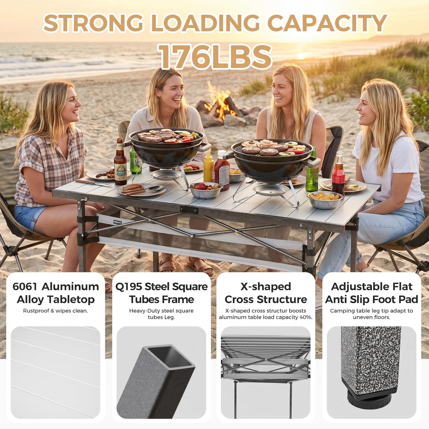 KingCamp Folding Camping Table, Aluminum Roll-Up Camp Table, Large Foldable Table for 6-8 Person, Outdoor Portable Tables with Carry Bag, 180 LBS Heavy Duty Load (Silver+Mesh：53.5" × 27.5")