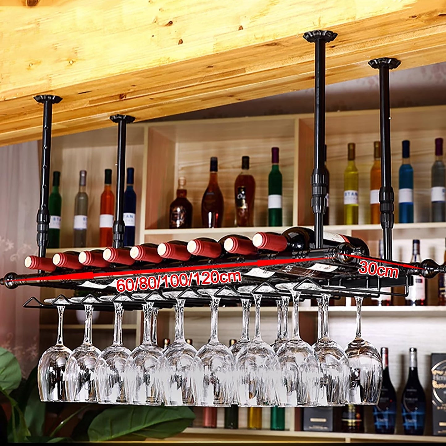 BELELUCKY Wine Rack Wall Mounted with Glass Holder,Metal Hanging Bar Wine Glass Rack Ceiling,Ceiling Bars Shelf,Height Adjustable Liquor Bottle Display Shelf for Bar Cafe Kitchen (Color : Bl