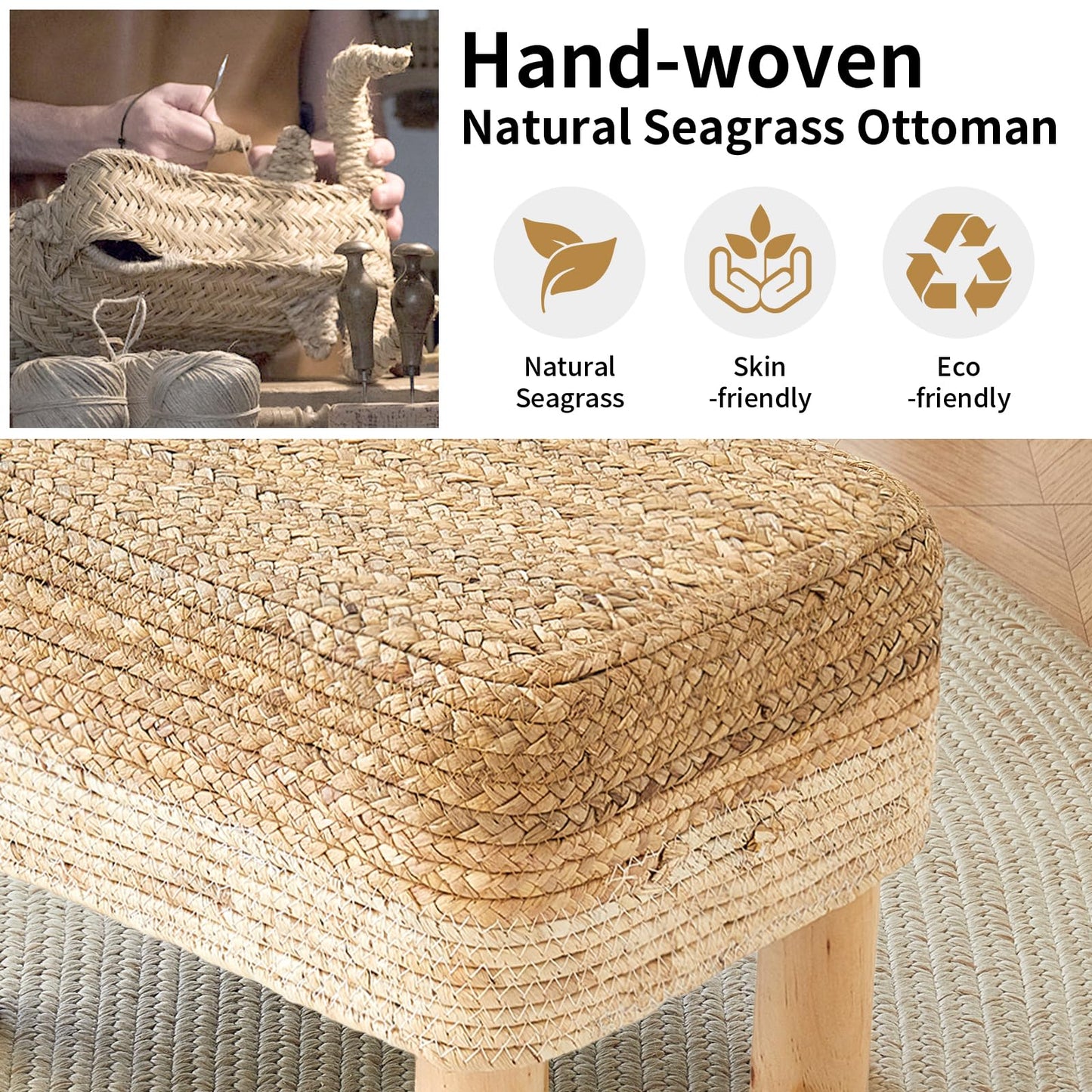ALeesing Ottoman Foot Stool Rectangular Footrest Natural Seagrass Footstool with Wooden Legs Hand Weave Multifunctional Modern Dressing Stool, Sofa Side Table for Bedroom for Living Room (White)